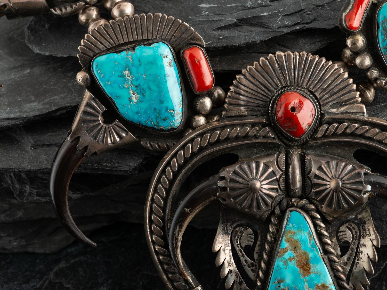 Large Statement Morenci Turquoise, Coral, Squash Blossom Necklace