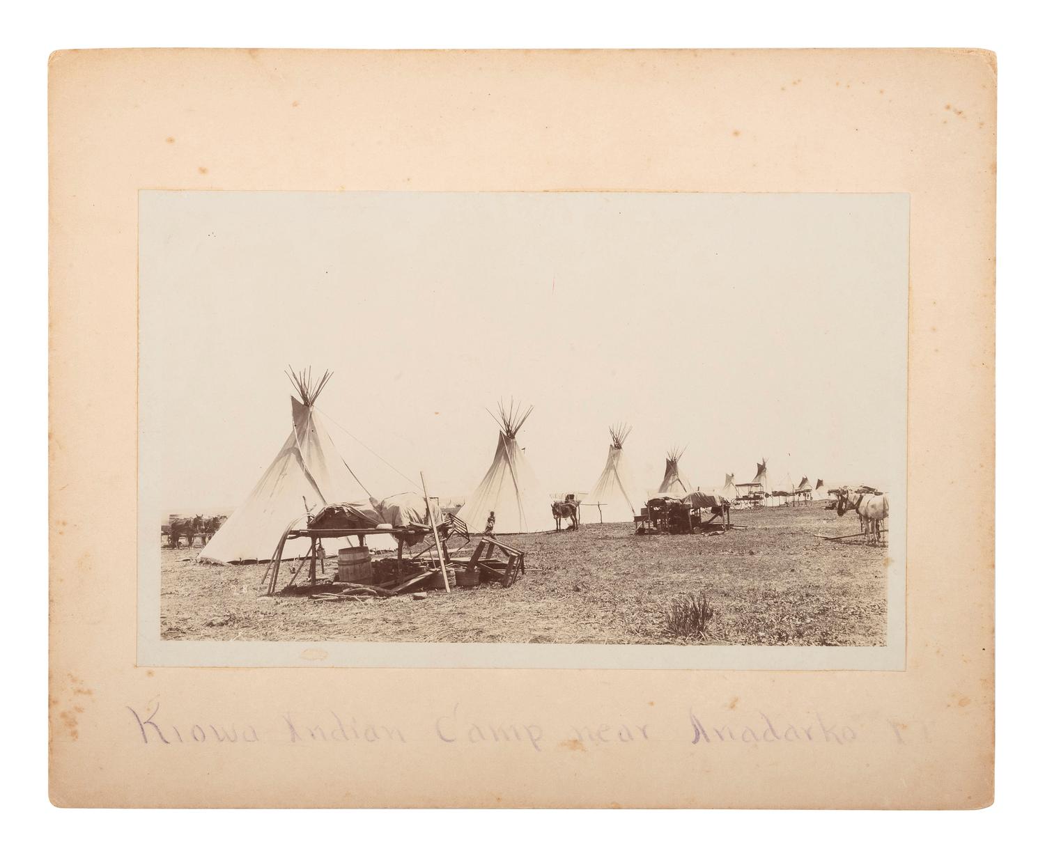 [NATIVE AMERICANS]. Photograph of a Kiowa Indian Camp near Anadarko, Oklahoma Territory.