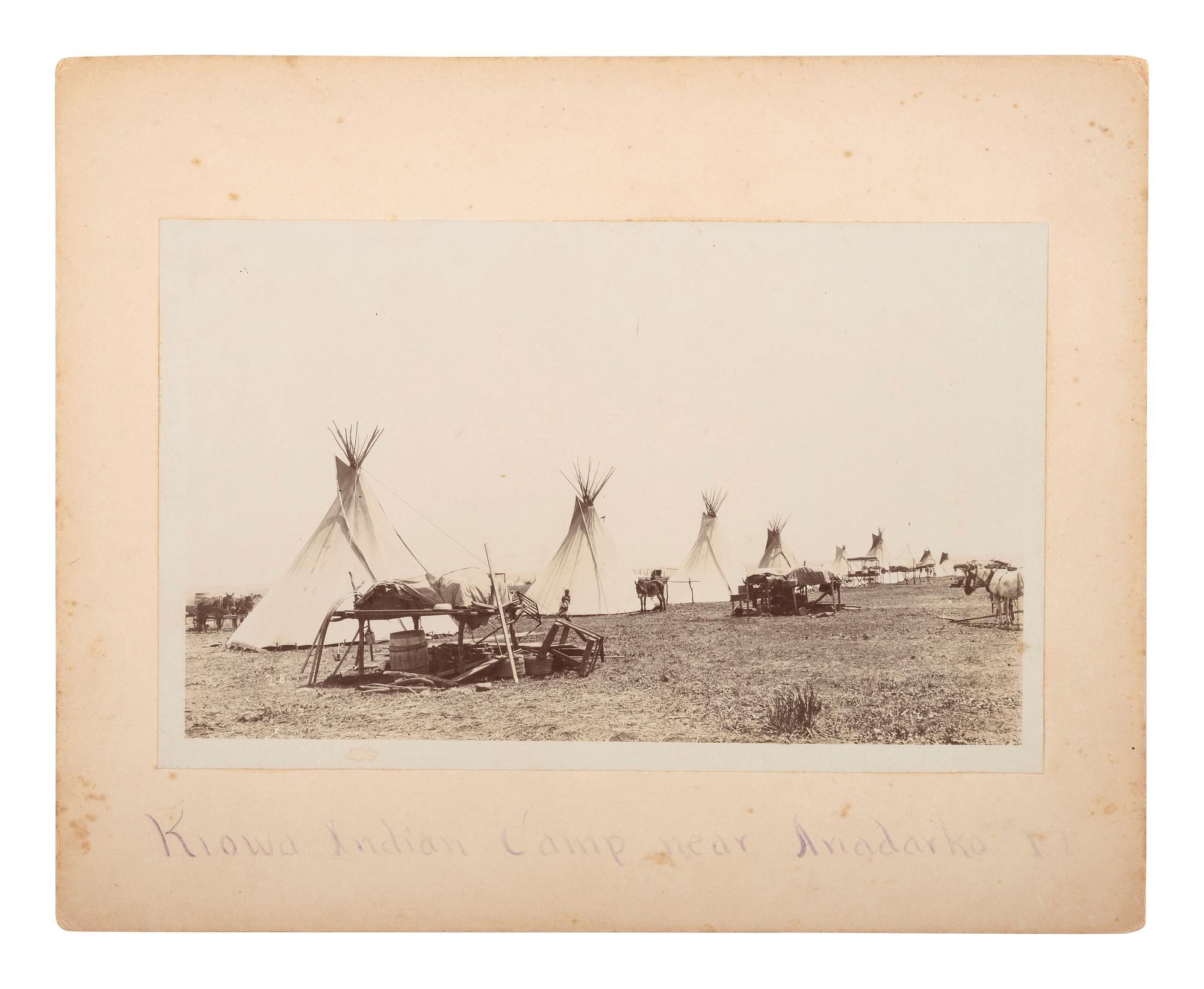 [NATIVE AMERICANS]. Photograph of a Kiowa Indian Camp near Anadarko, Oklahoma Territory.