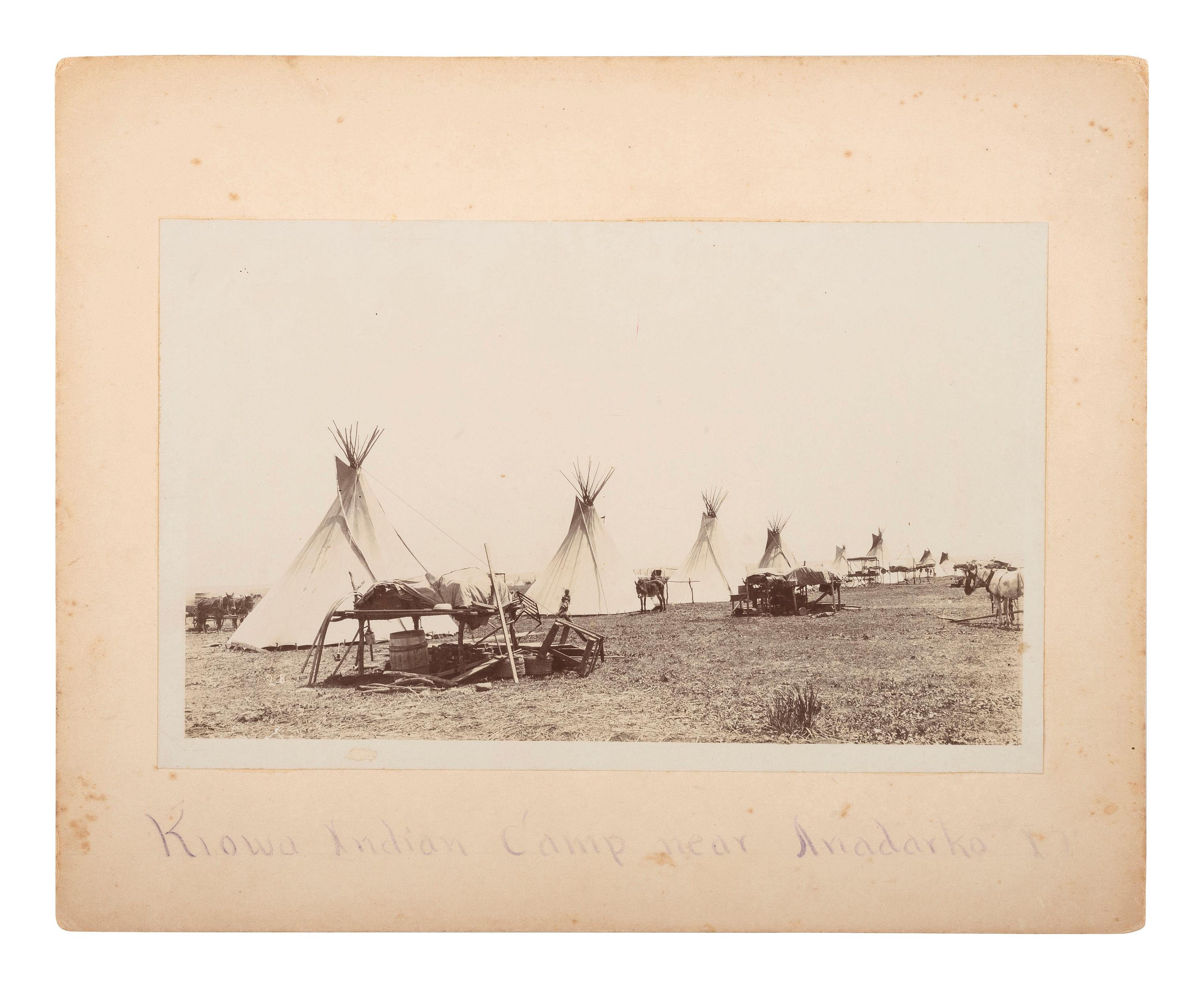 [NATIVE AMERICANS]. Photograph of a Kiowa Indian Camp near Anadarko, Oklahoma Territory.