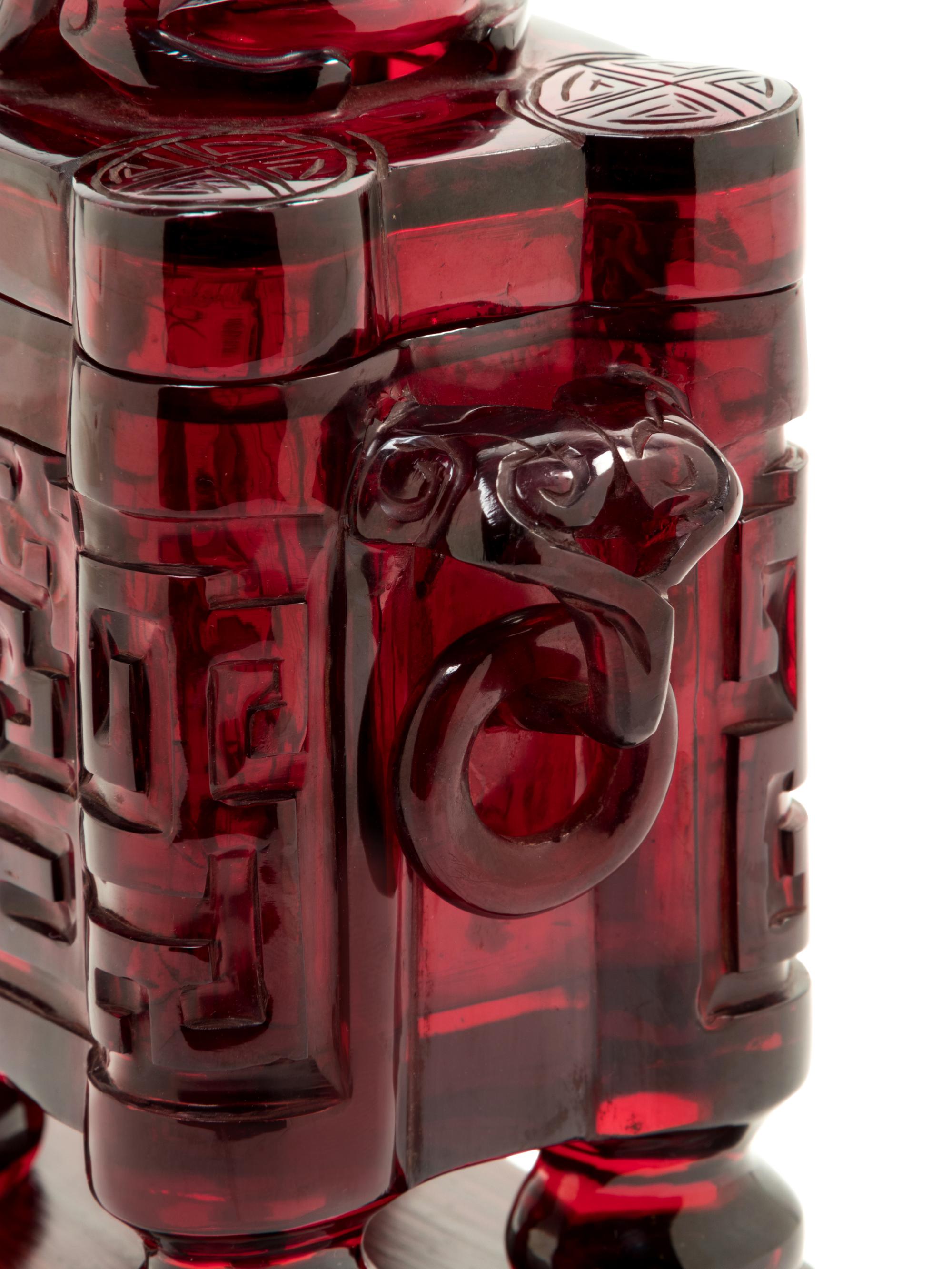 A Transparent Ruby-Red Plastic Imitating Glass Archaistic Incense Burner and Cover, Tulu