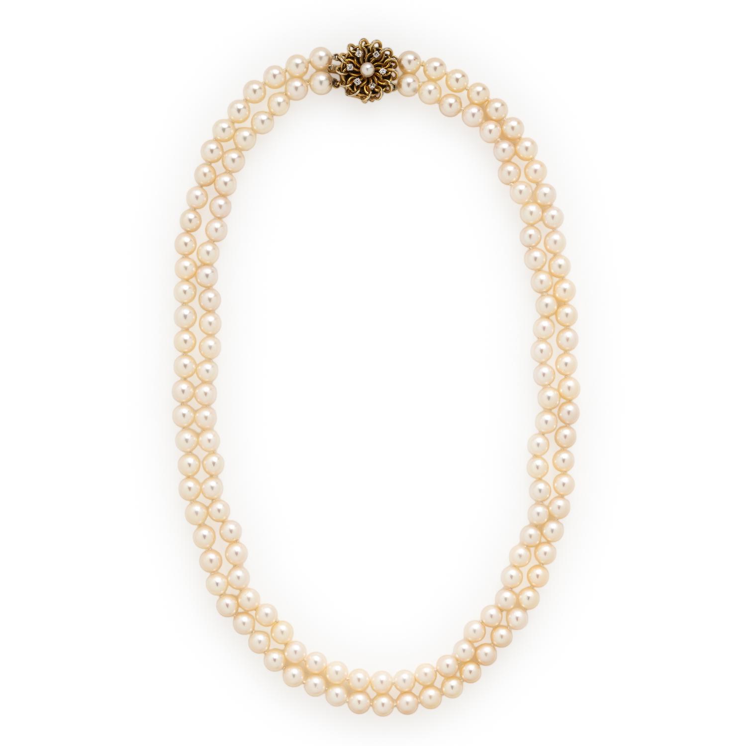 Cultured Pearl, Diamond, and Yellow Gold Necklace