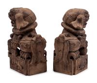 A Pair of Carved Wood Buddhistic Lions