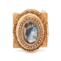 CONVERTIBLE YELLOW GOLD, ENAMEL AND SEED PEARL SURPRISE WRISTWATCH/PENDANT/BROOCH