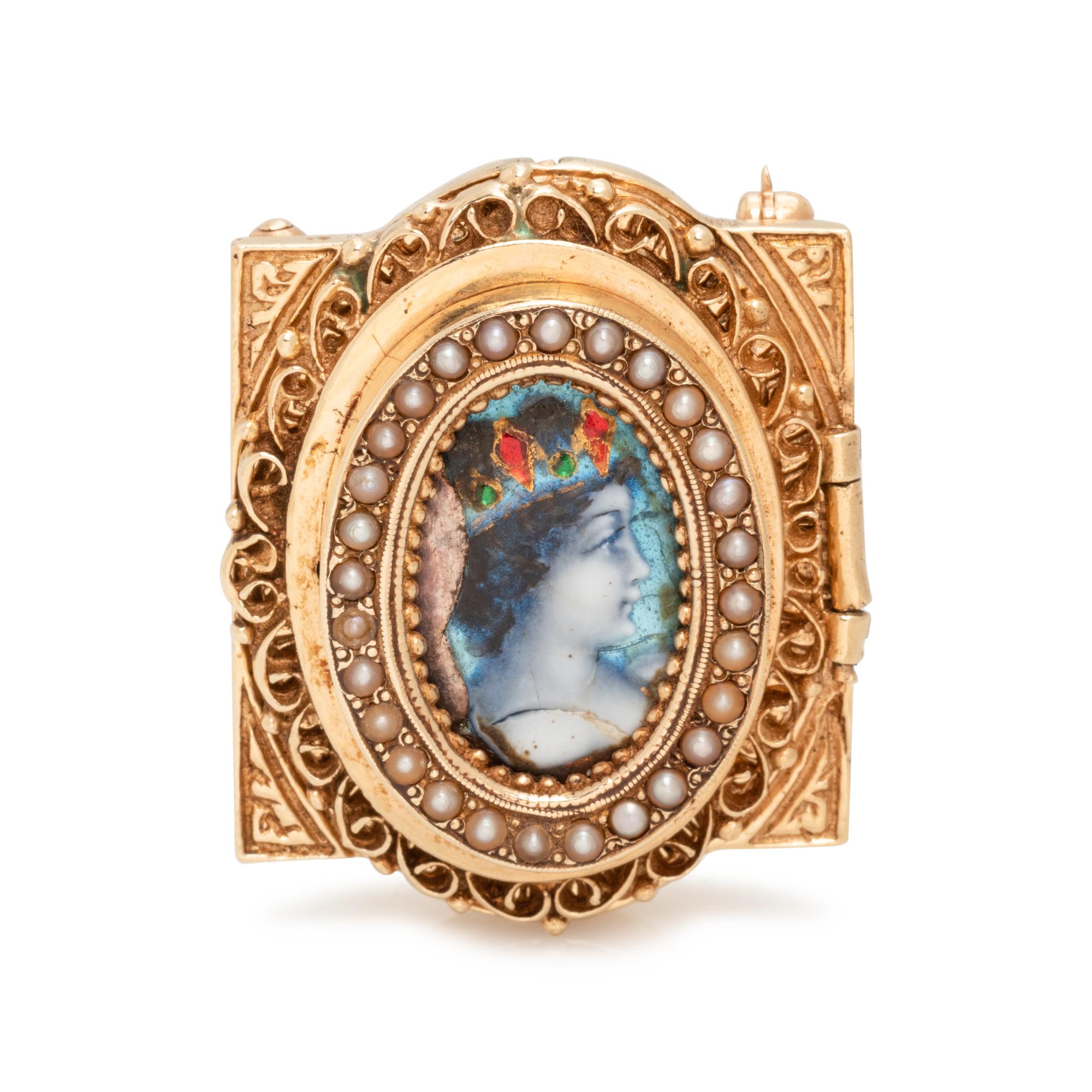 CONVERTIBLE YELLOW GOLD, ENAMEL AND SEED PEARL SURPRISE WRISTWATCH/PENDANT/BROOCH