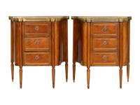 A Pair of Louis XVI Style Brass-Mounted Mahogany Side Cabinets with Marble Tops