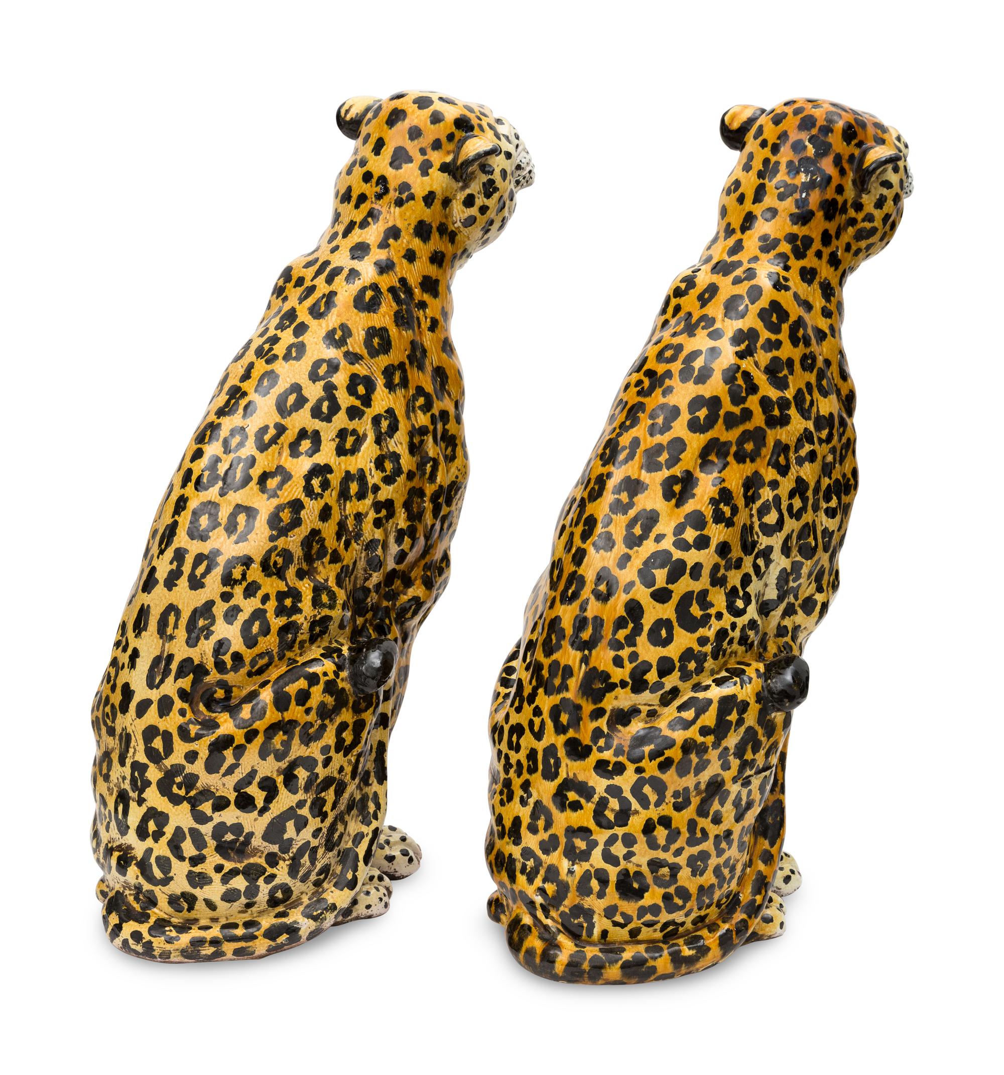 A Large Pair of Italian Glazed Ceramic Leopards