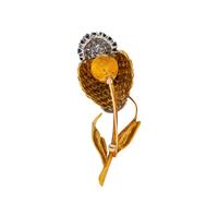 YELLOW GOLD, SYNTHETIC SAPPHIRE, AND DIAMOND FLOWER BROOCH