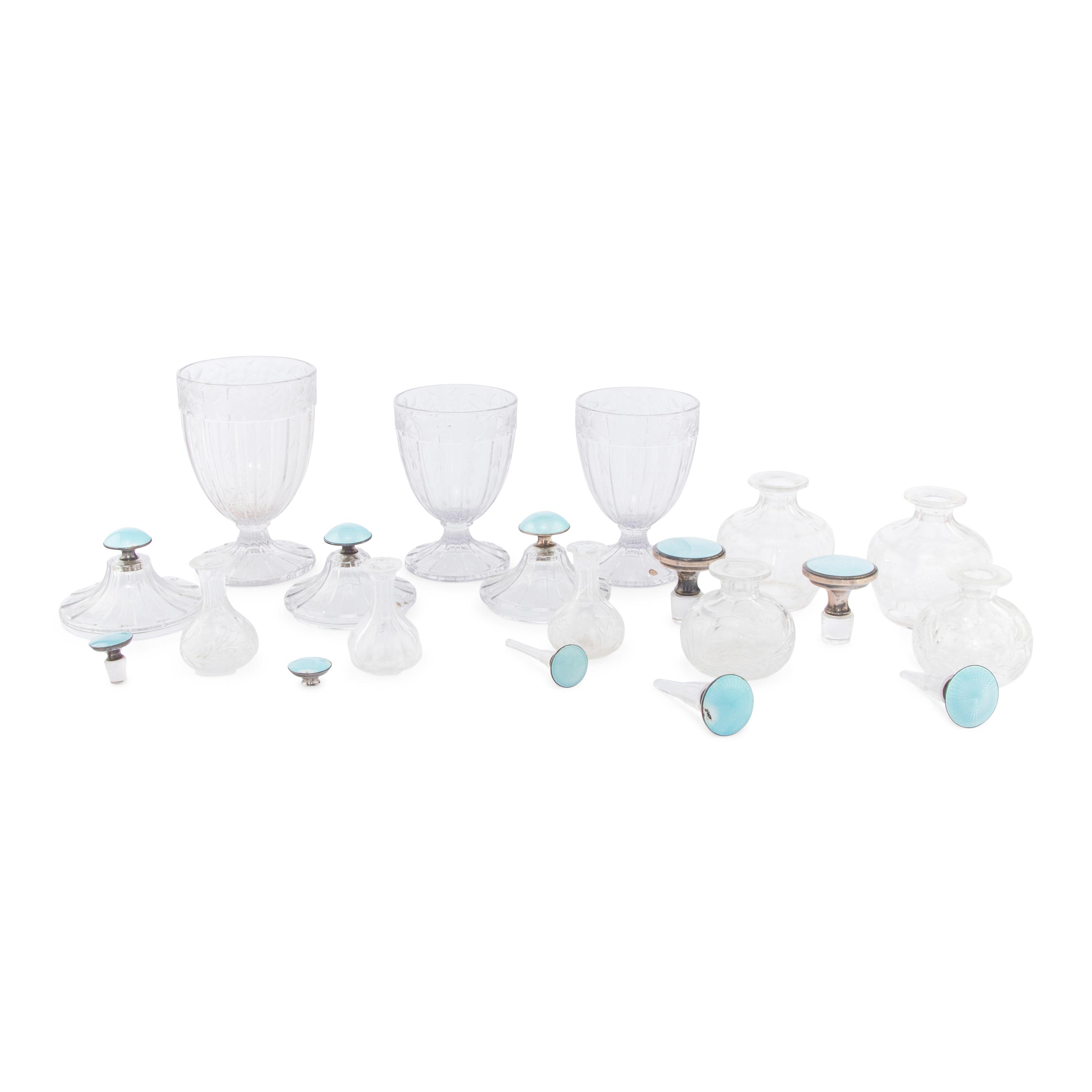 An Assembled American Guilloche Enameled Silver and Cut Glass Dressing Set