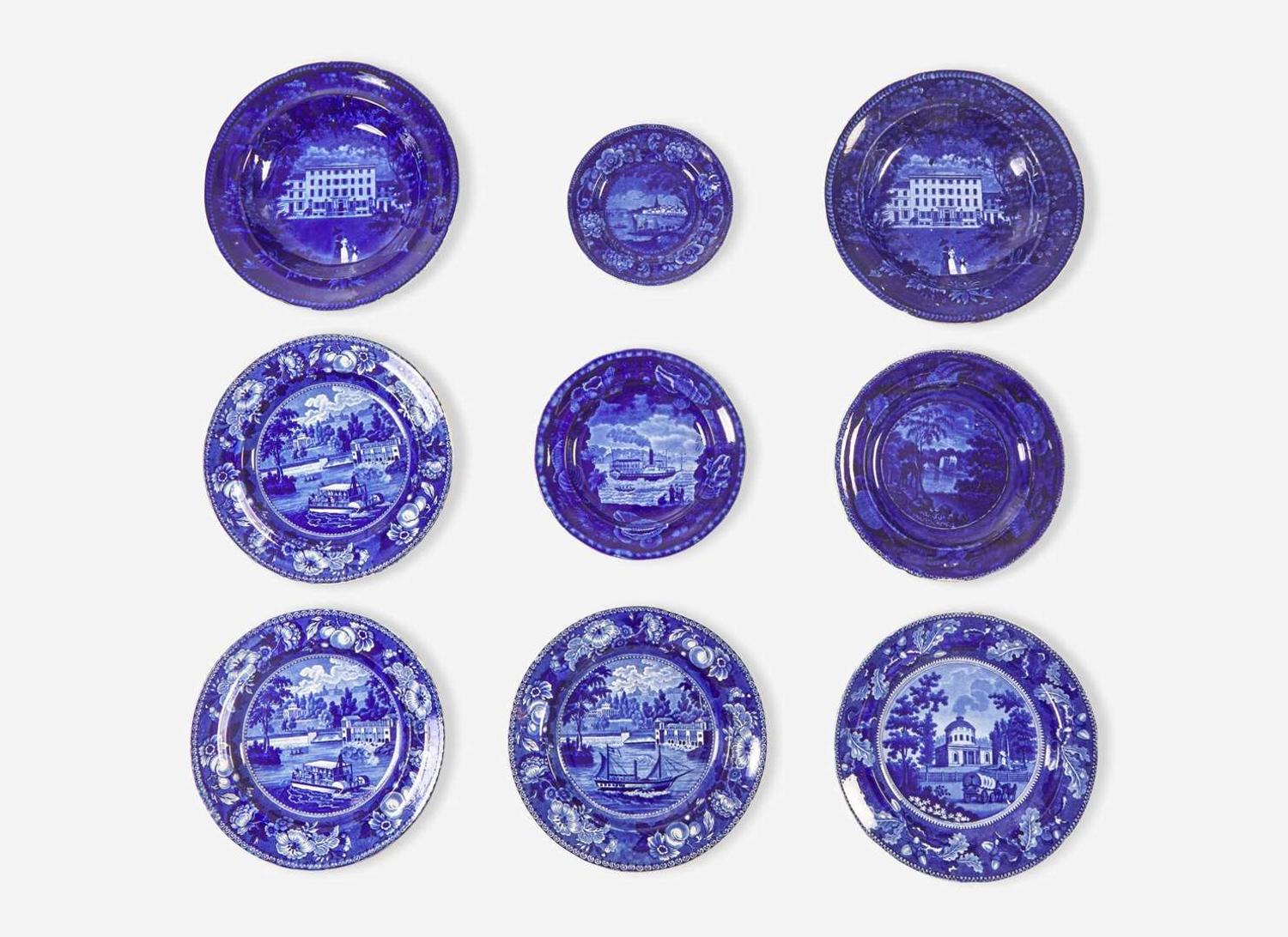 A collection of nine Staffordshire Historical Blue, most in Philadelphia Views, E. Wood & Sons, Burslem, England, and others, first third 19th century