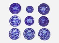 A collection of nine Staffordshire Historical Blue, most in Philadelphia Views, E. Wood & Sons, Burslem, England, and others, first third 19th century