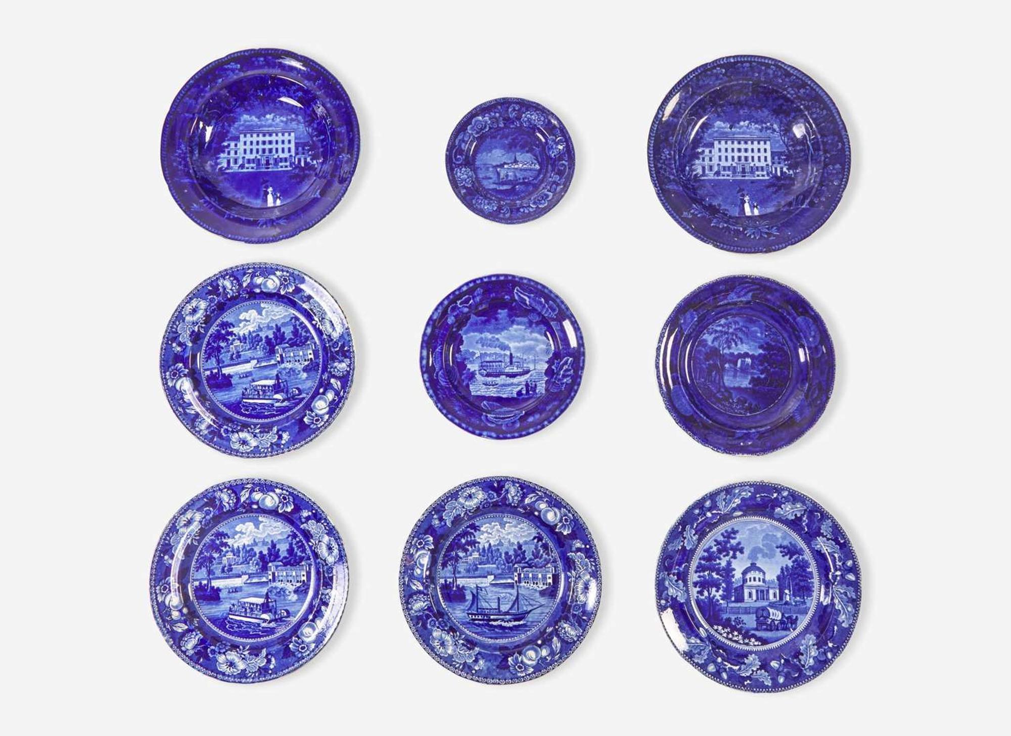 A collection of nine Staffordshire Historical Blue, most in Philadelphia Views, E. Wood & Sons, Burslem, England, and others, first third 19th century