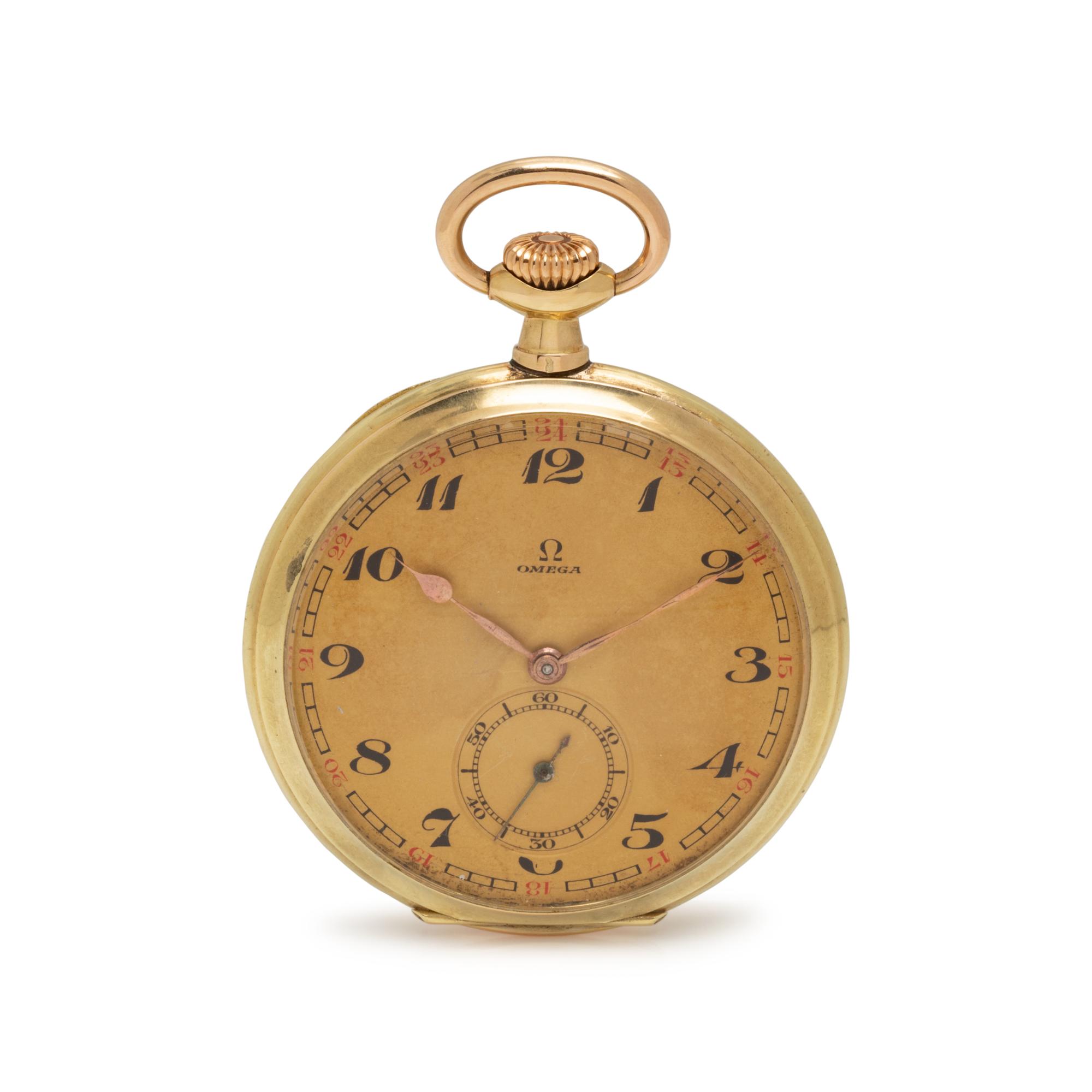 OMEGA, 14K YELLOW GOLD OPEN FACE POCKET WATCH