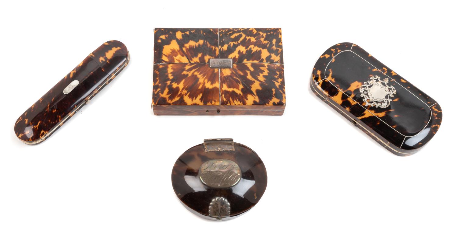 Four English Tortoise Shell Articles Largest: height 1 1/8 x width 5 3/4 x depth 3 3/4 inches. — 18TH/19TH CENTURY