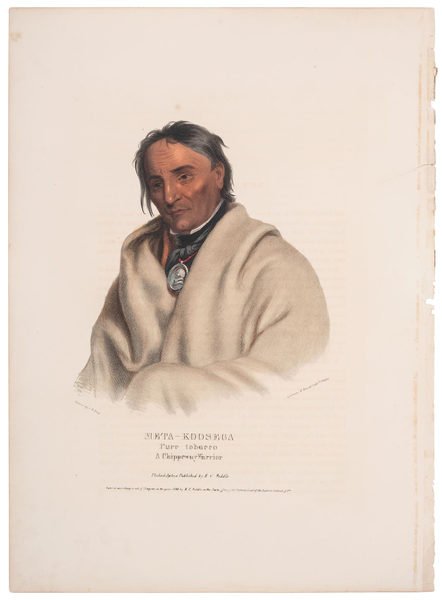 [McKENNEY & HALL]. A group of 6 large folio hand-colored lithographs of Chippewa and Ojibwe. 1836-1838.