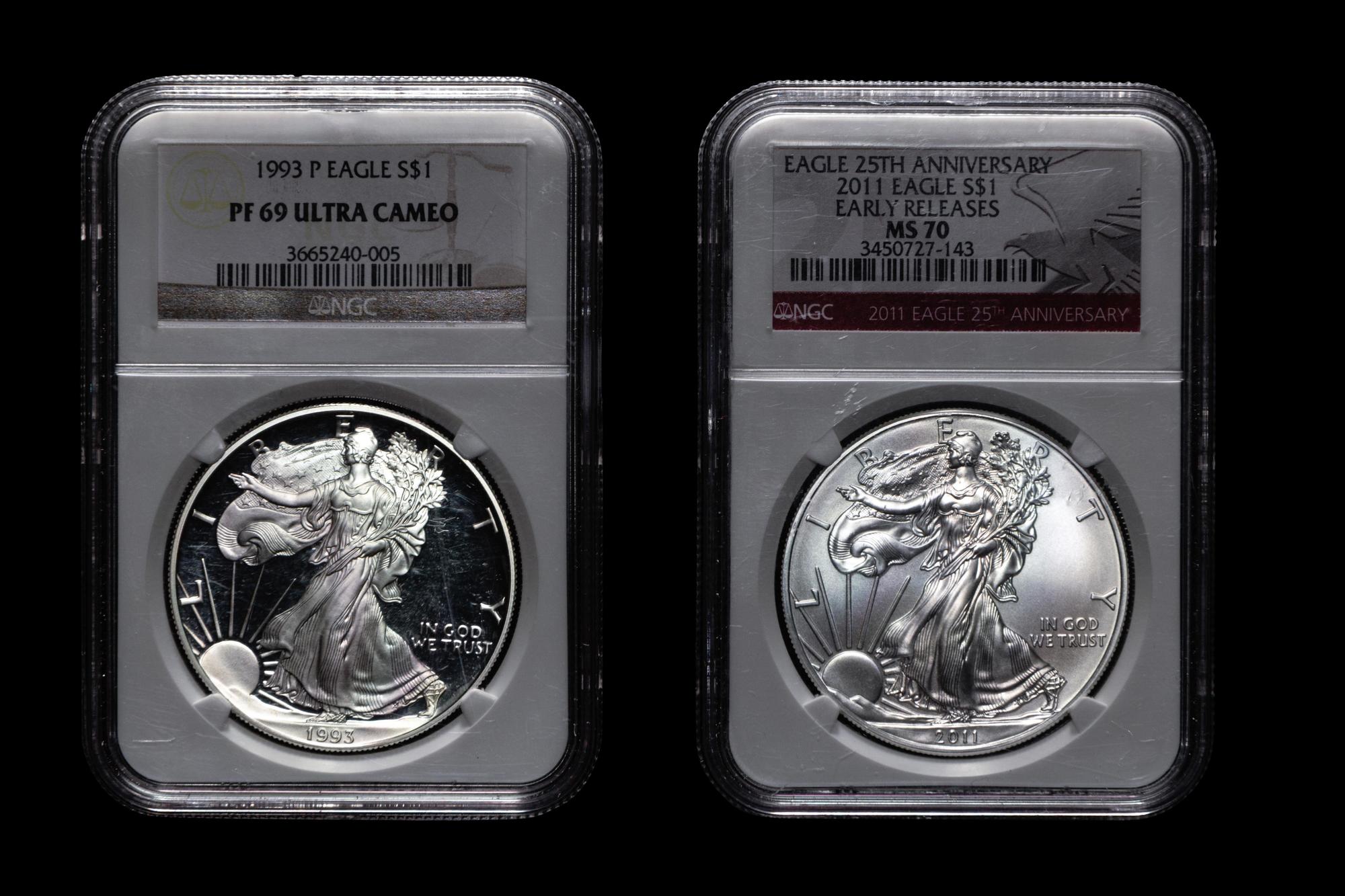 A 1993-P Silver Eagle Proof (NGC PF 69 Ultra Cameo) and 2011 Early Release Silver Eagle (NGC MS 70)