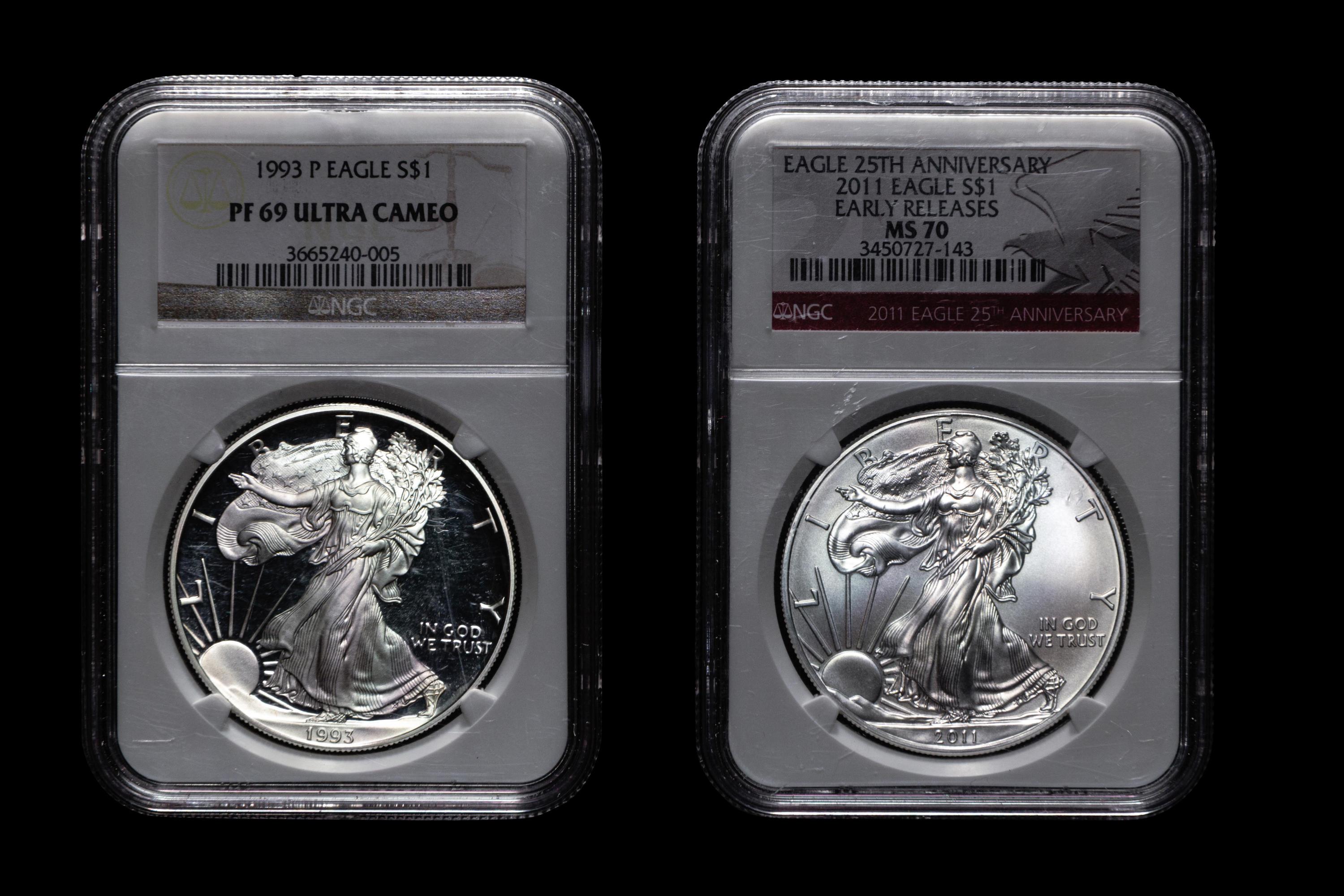 A 1993-P Silver Eagle Proof (NGC PF 69 Ultra Cameo) and 2011 Early Release Silver Eagle (NGC MS 70)