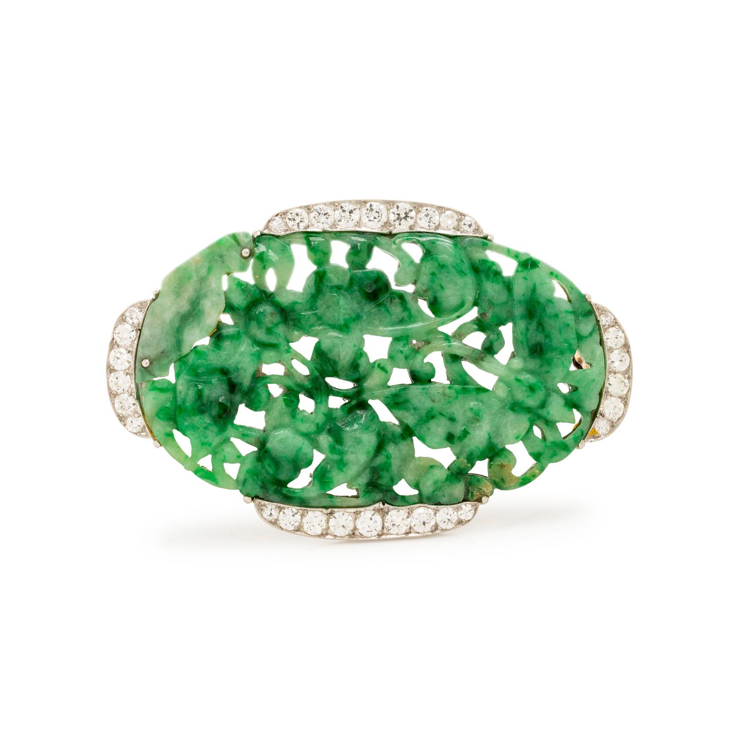 ART DECO, JADE AND DIAMOND BROOCH