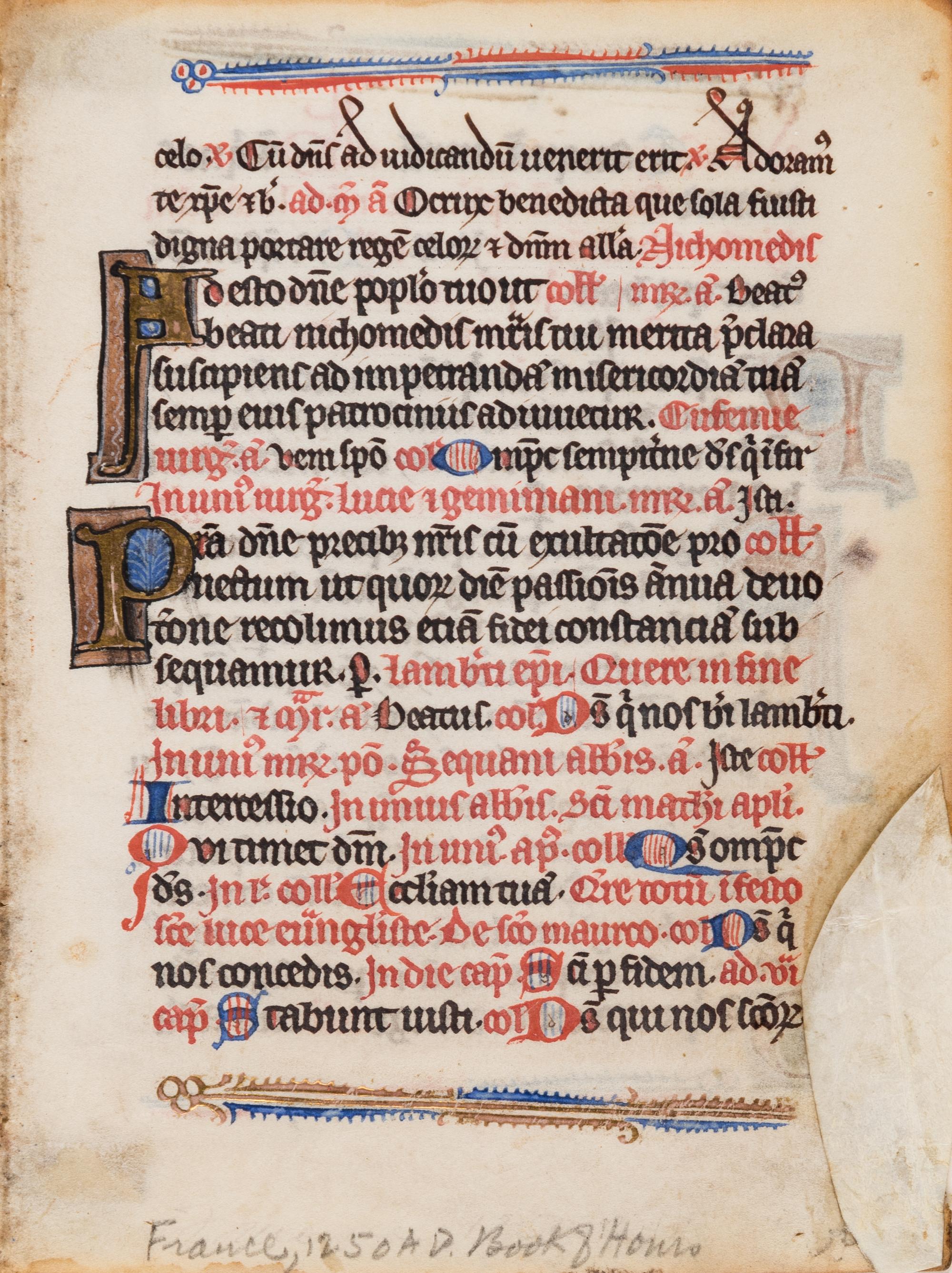 [BOOK OF HOURS]. A group of 25 leaves from medieval and renaissance manuscripts and printed books, including 5 or more from Otto Ege’s Fifty Original Leaves from Medieval Manuscripts. Western Europe: XII-XVI Century [compiled Cleveland, c.1950] and Original Leaves from Famous Bibles: Nine Centuries, 1121-1935 A.D [Compiled Cleveland, c.1950]. Various sizes, including: