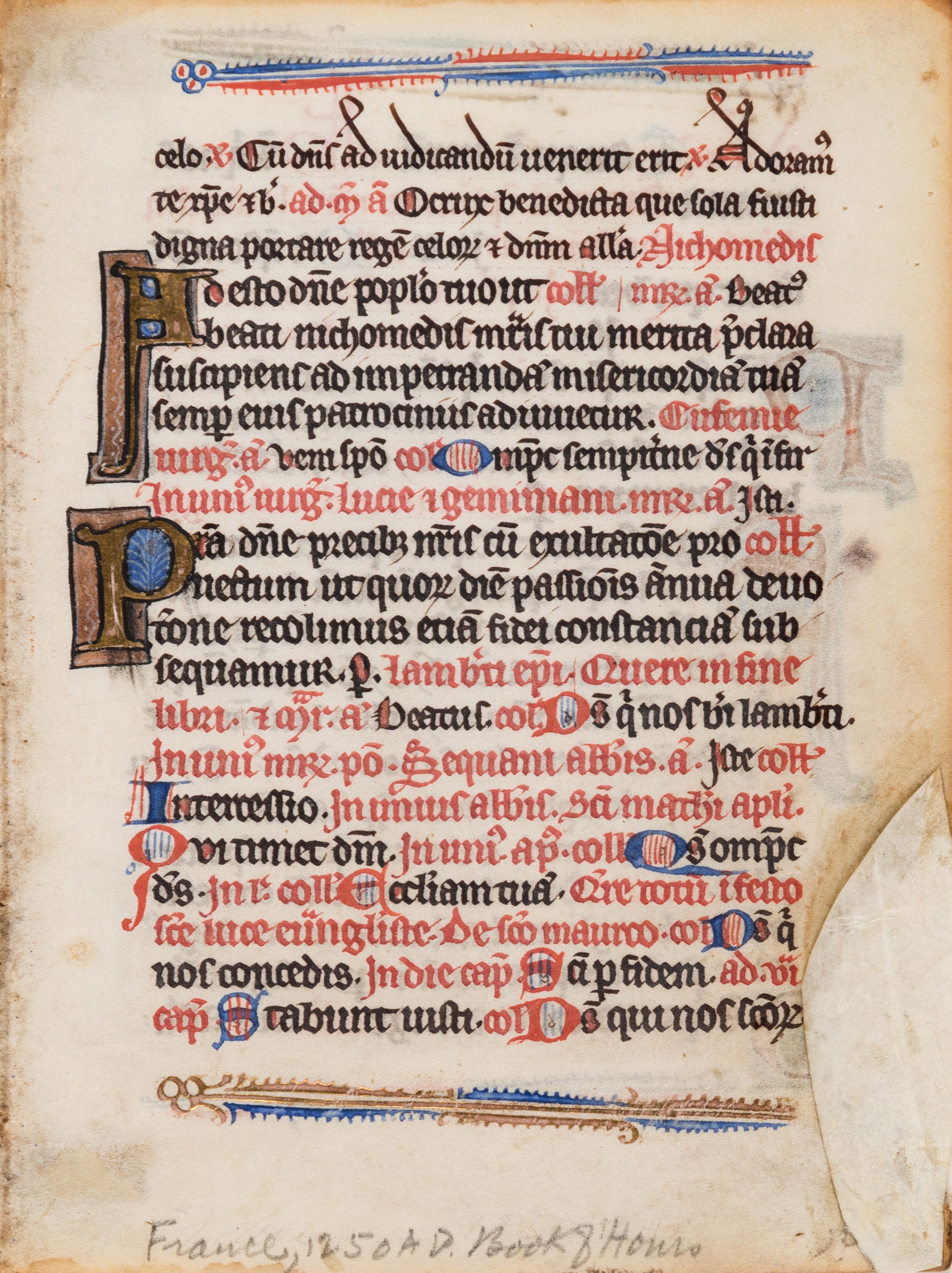 [BOOK OF HOURS]. A group of 25 leaves from medieval and renaissance manuscripts and printed books, including 5 or more from Otto Ege’s Fifty Original Leaves from Medieval Manuscripts. Western Europe: XII-XVI Century [compiled Cleveland, c.1950] and Original Leaves from Famous Bibles: Nine Centuries, 1121-1935 A.D [Compiled Cleveland, c.1950]. Various sizes, including: