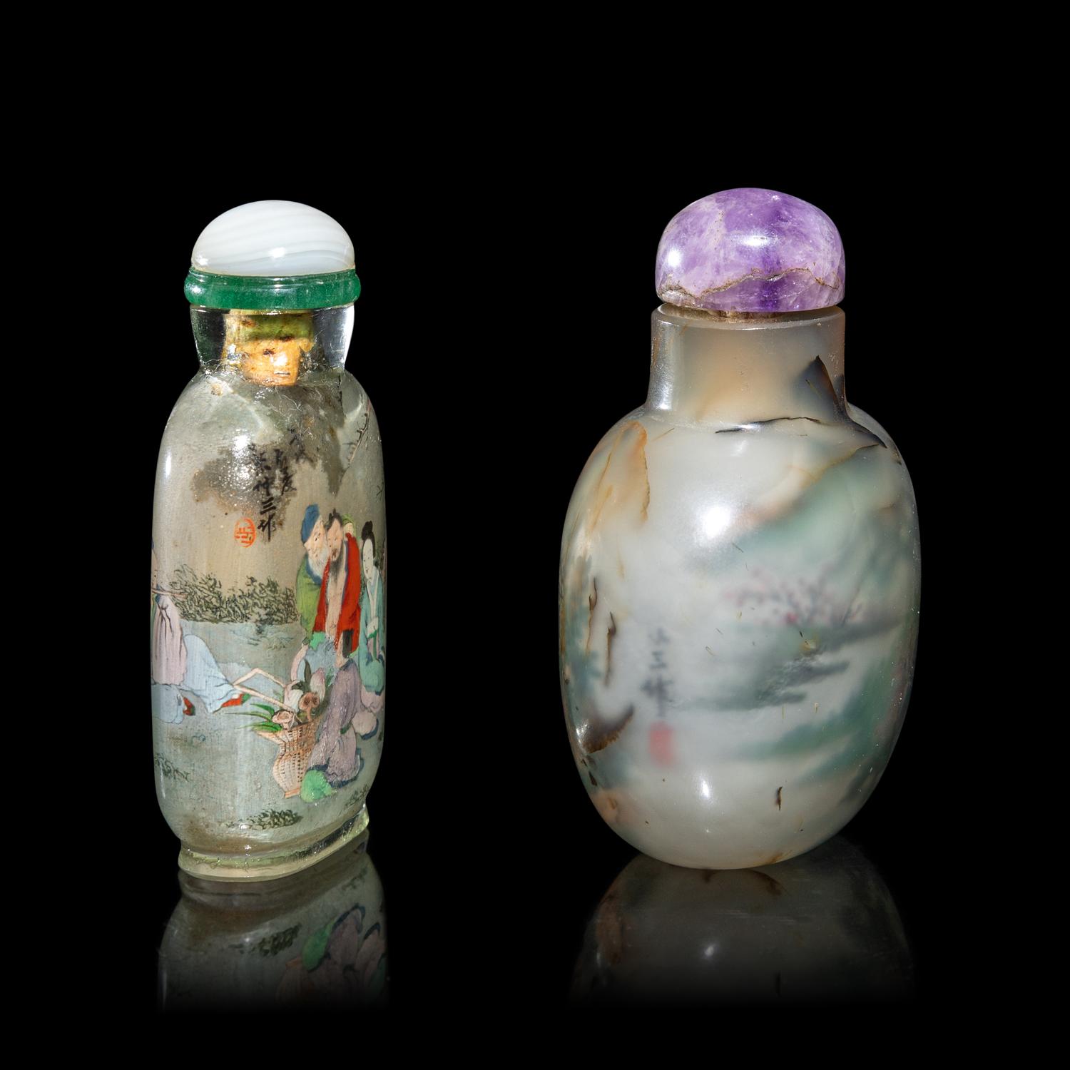 Two Chinese Inside Painted Snuff Bottles, Early 20th Century 葉仲三壬戌年（1922）作玻璃內畫八仙圖鼻煙壺及葉菶祺作瑪瑙內畫山水圖鼻煙壺