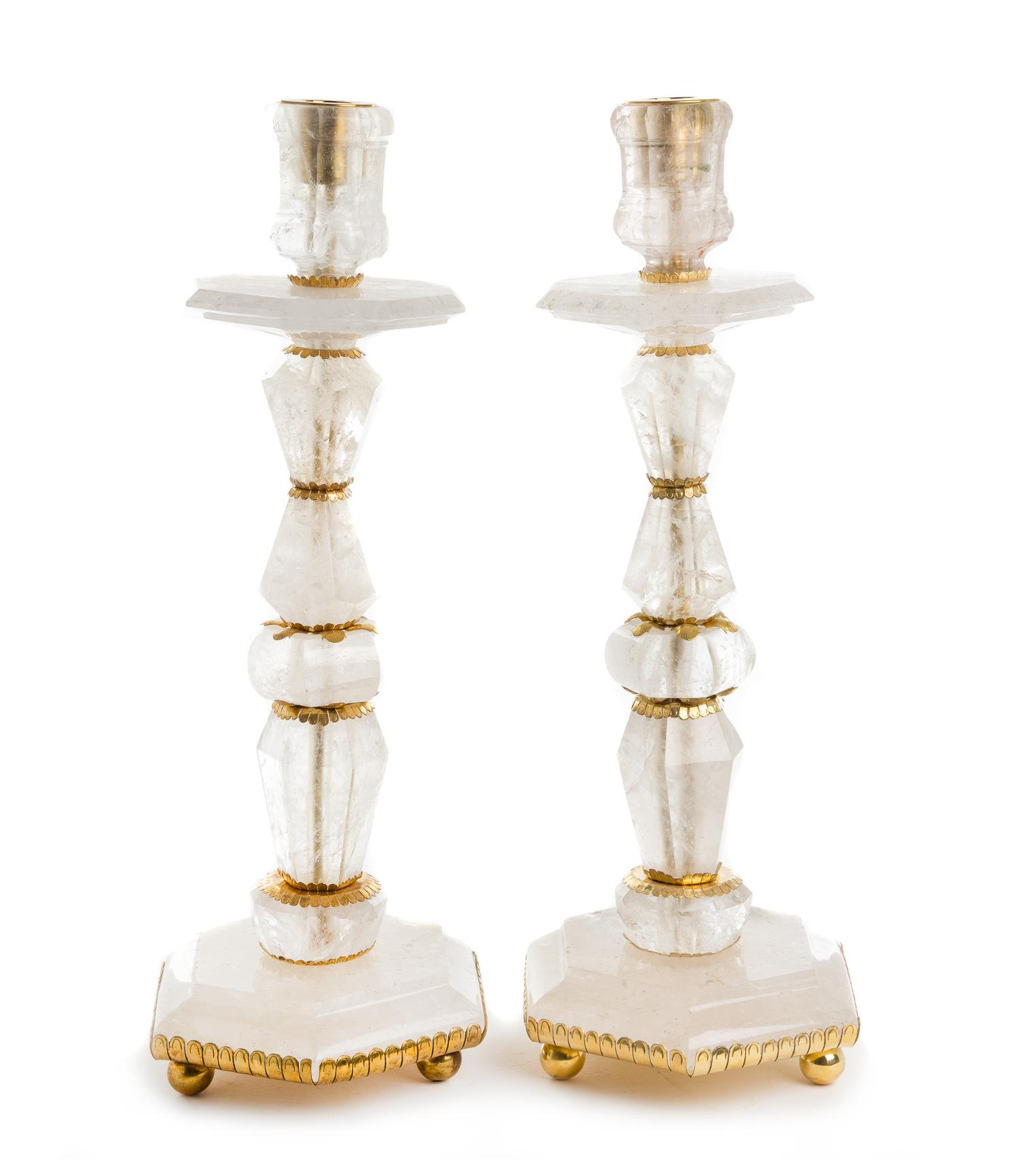 A Pair of Gilt Metal Mounted Rock Crystal Candlesticks Height 22 1/2 inches. — 20TH CENTURY
