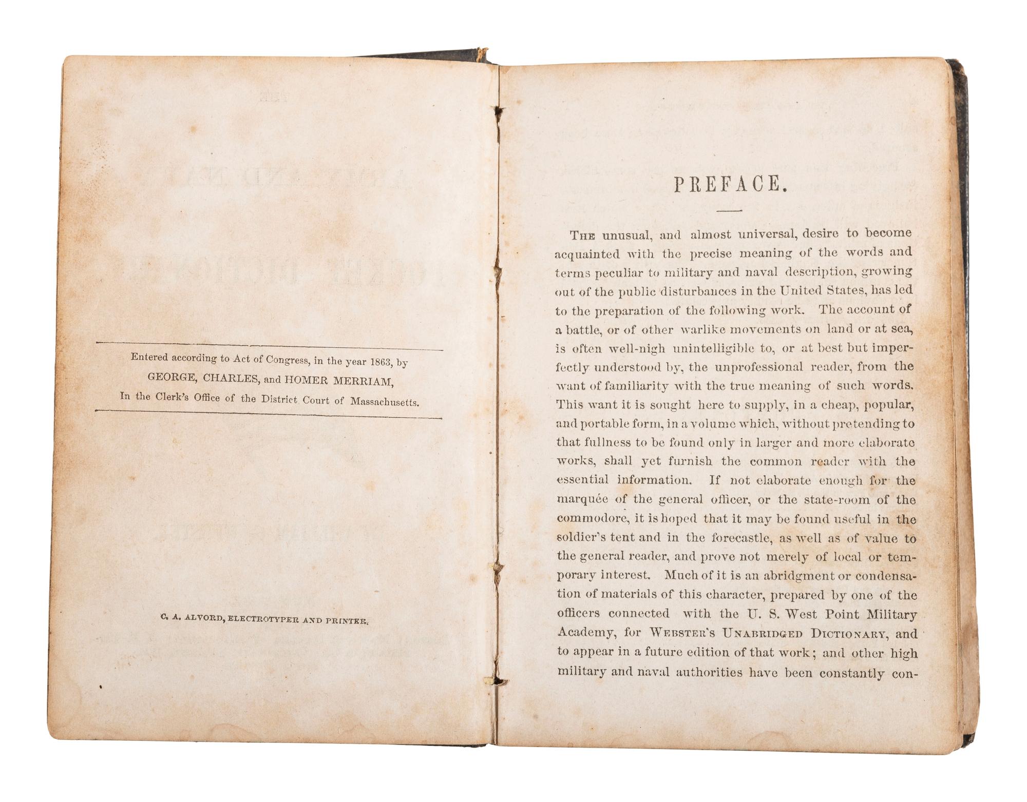 WEBSTER, William G. The Army and Navy Pocket Dictionary. New York: Mason Brothers, 1864.
