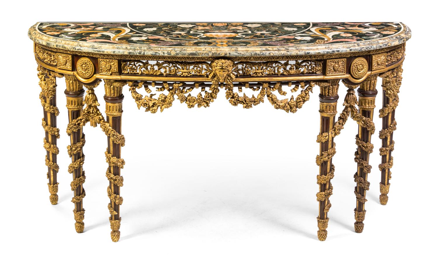 An Italian Painted and Parcel Gilt Console Table, Height 35 x width 70 x depth 24 1/4 inches.
