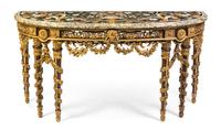 An Italian Painted and Parcel Gilt Console Table, Height 35 x width 70 x depth 24 1/4 inches.