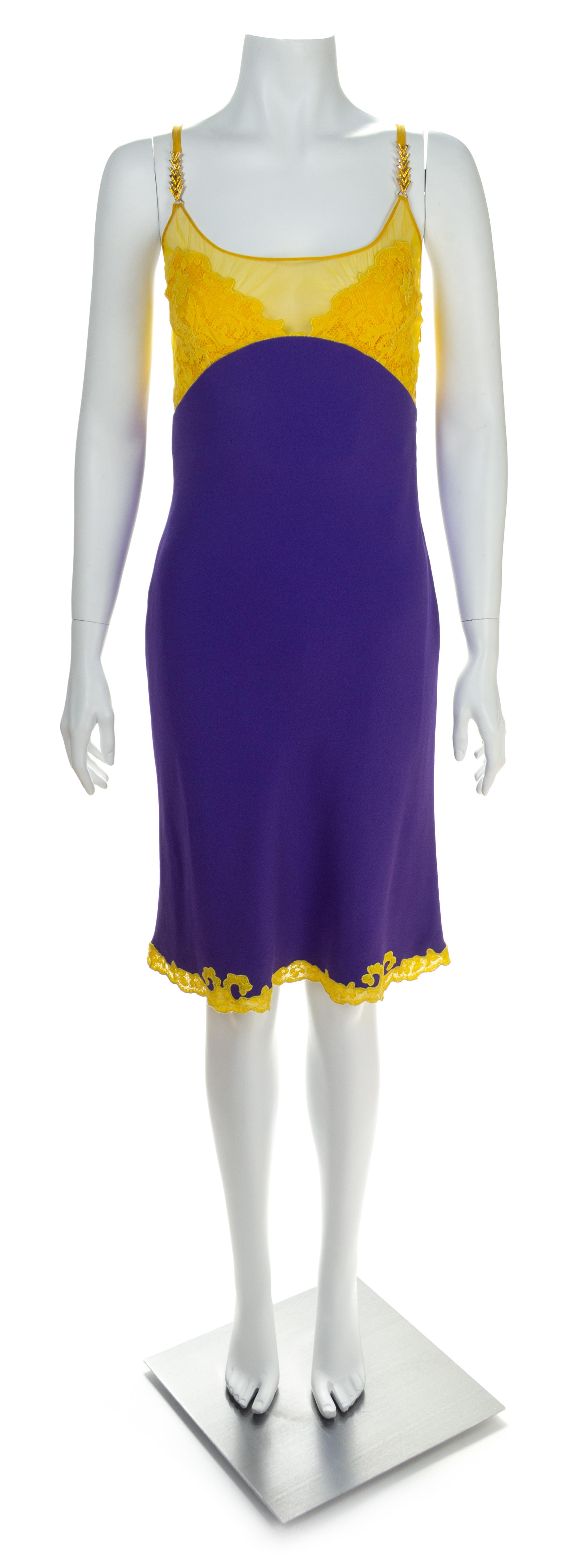 A Gianni Versace Purple and Yellow Lace Slip Dress, Size 42.