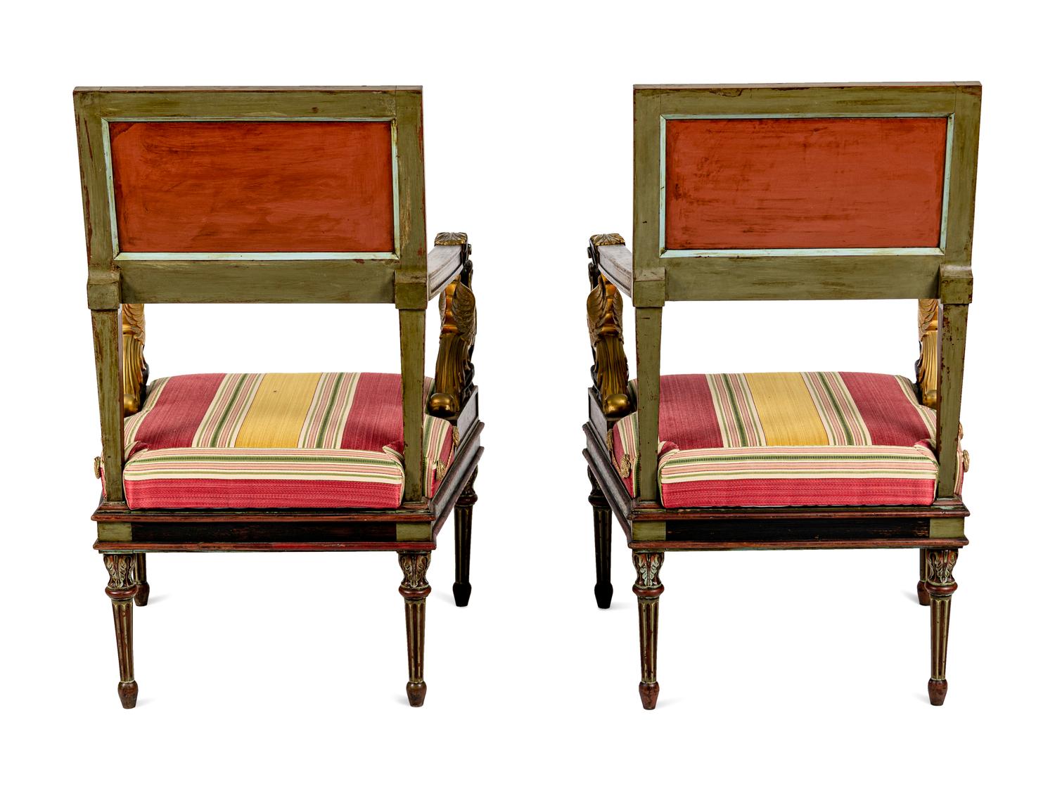 A Pair of North Italian Neoclassical Bronze Mounted Polychrome Painted Armchairs