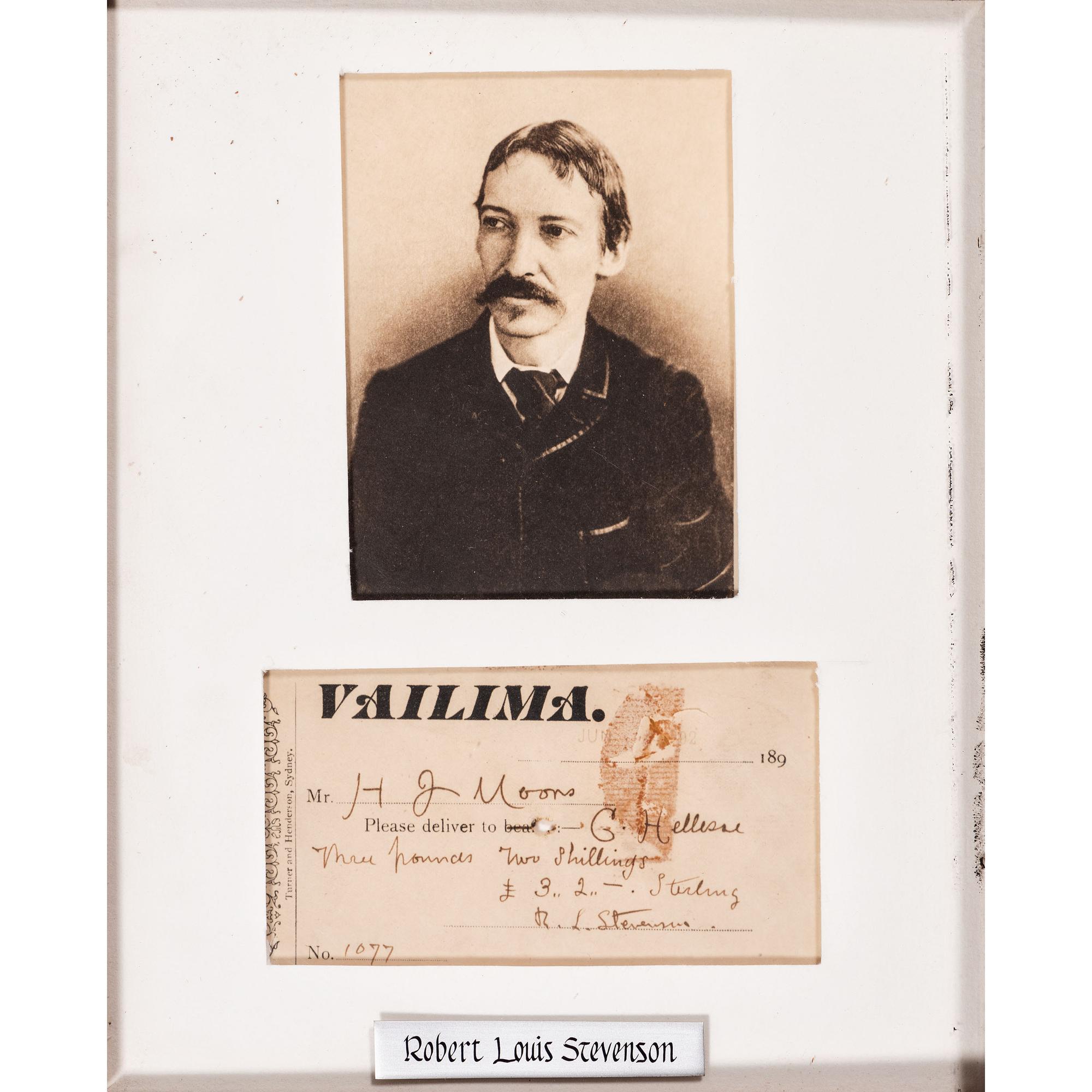 STEVENSON, Robert Louis (1850-1894). Partly-printed check signed ("R.L. Stevenson"). [Samoa?], 1892.