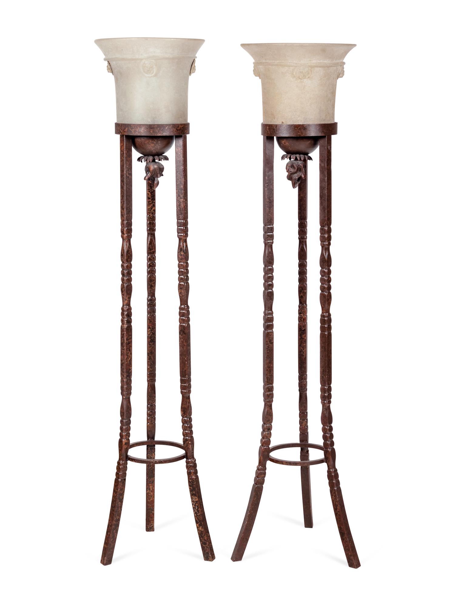 A Pair of Neoclassical Style Patinated Cast Metal and Murano Glass Torchères