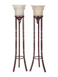 A Pair of Neoclassical Style Patinated Cast Metal and Murano Glass Torchères