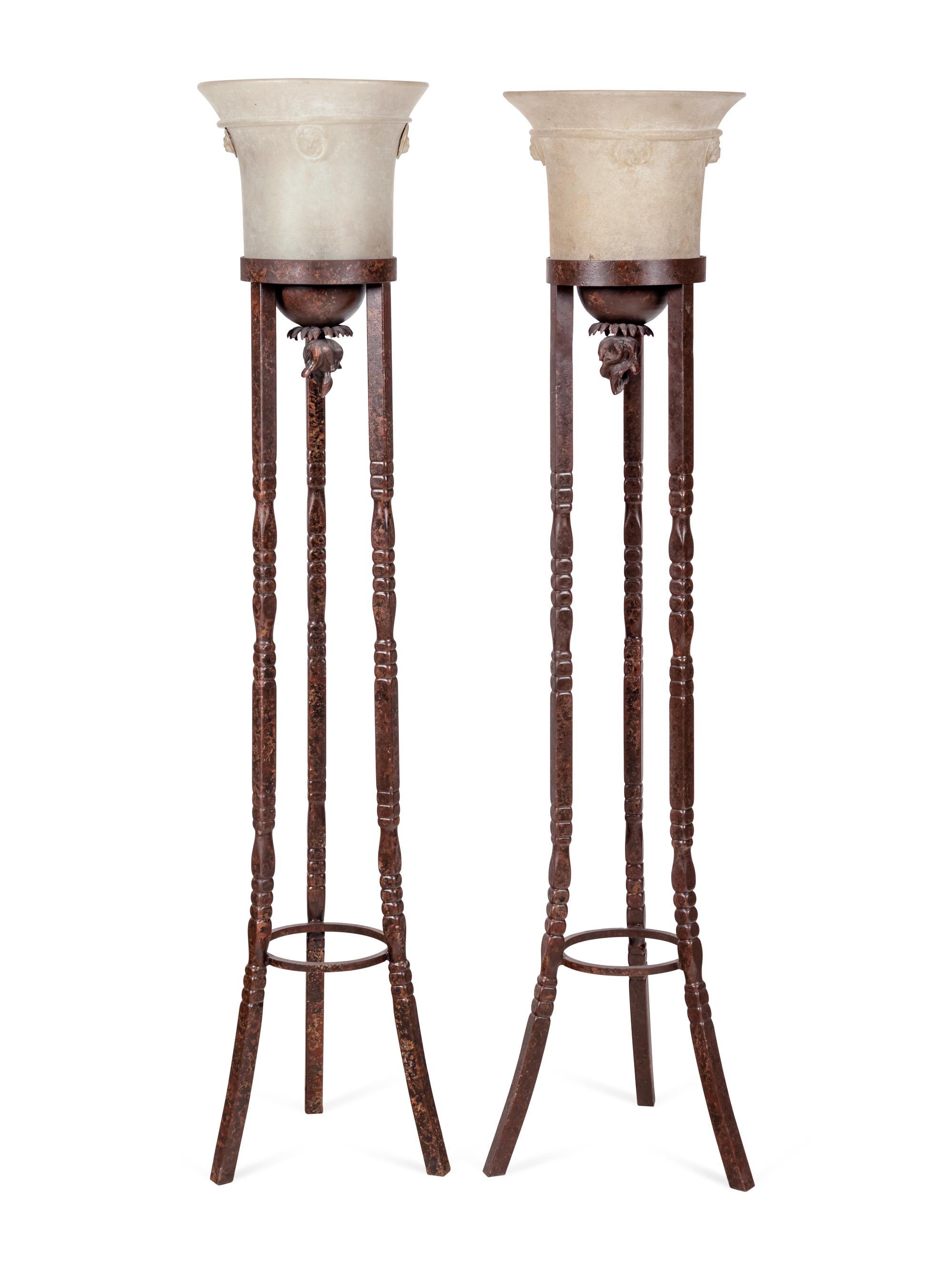 A Pair of Neoclassical Style Patinated Cast Metal and Murano Glass Torchères
