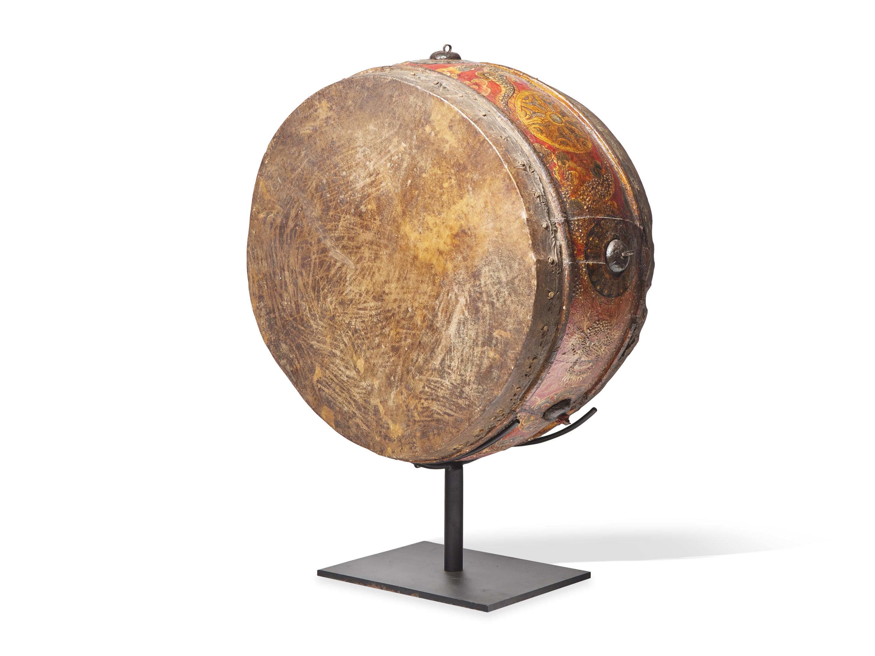 A Large Tibetan Painted Double-Sided Ceremonial Drum 藏皮鼓