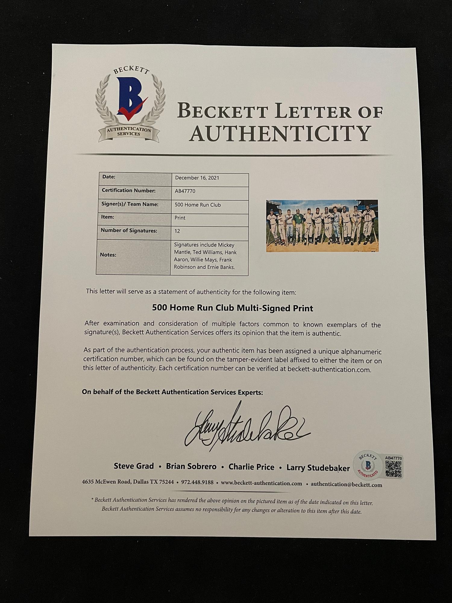 A 500 Home Run Club Signed Autograph Ron Lewis Print With Ted Williams 521 Inscription (Beckett Authentication Services Letter BAS Certified)