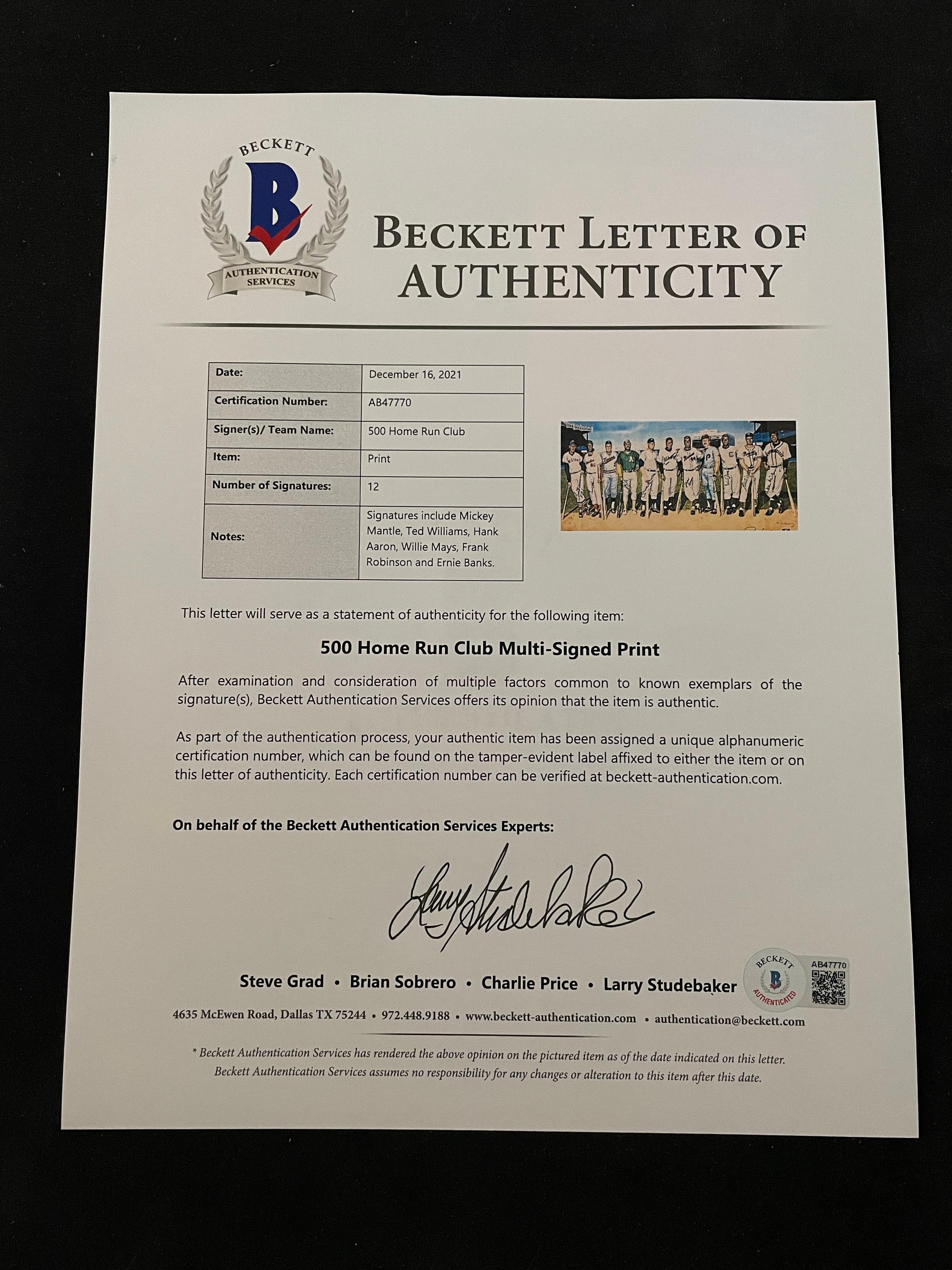 A 500 Home Run Club Signed Autograph Ron Lewis Print With Ted Williams 521 Inscription (Beckett Authentication Services Letter BAS Certified)