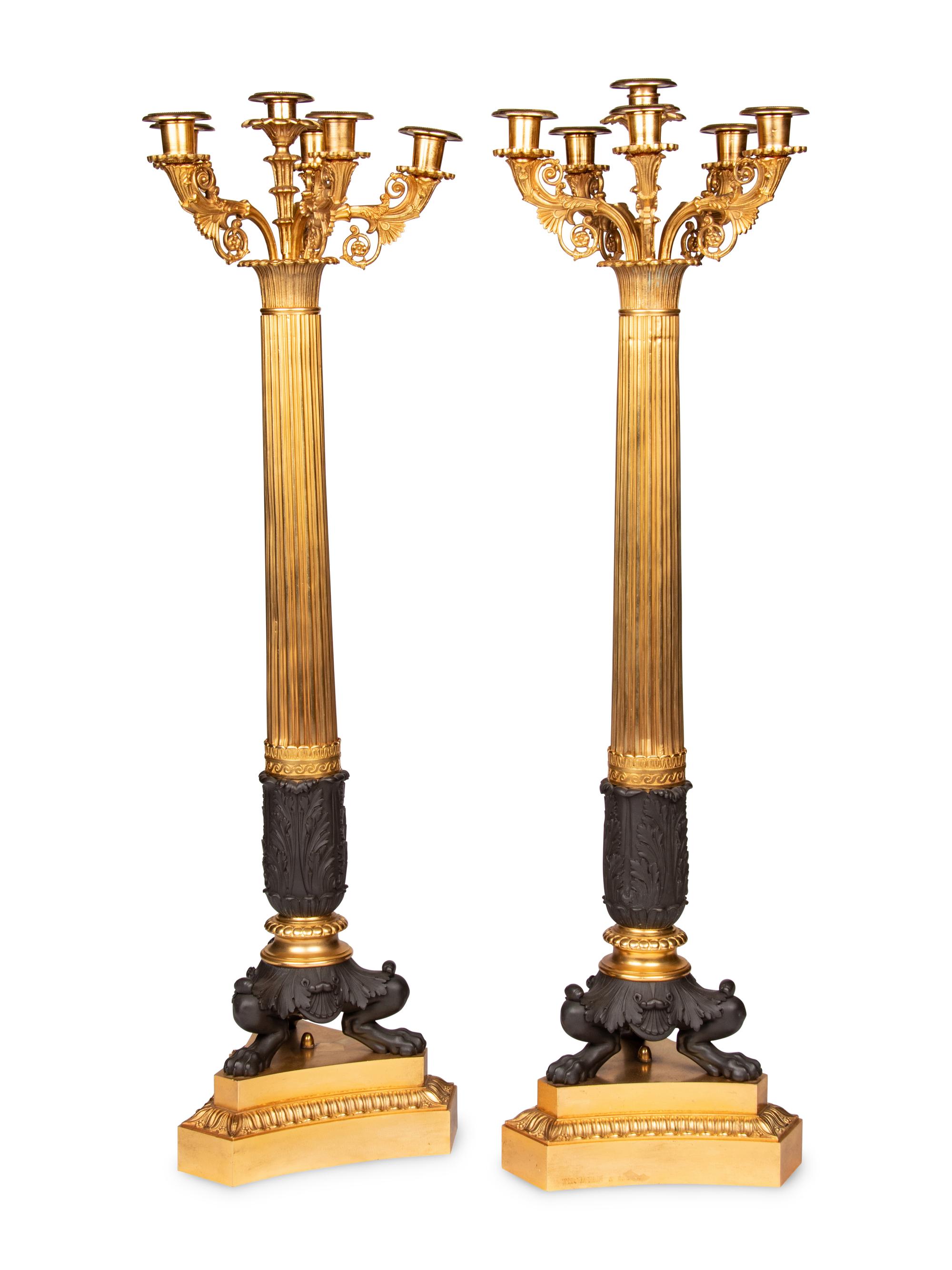 A Pair of Large Empire Style Gilt and Patinated Metal Six-Light Candelabra