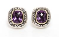 A Pair of Sterling Silver, 14 Karat Yellow Gold and Amethyst "Albion" Earclips, David Yurman 11.70 dwts.