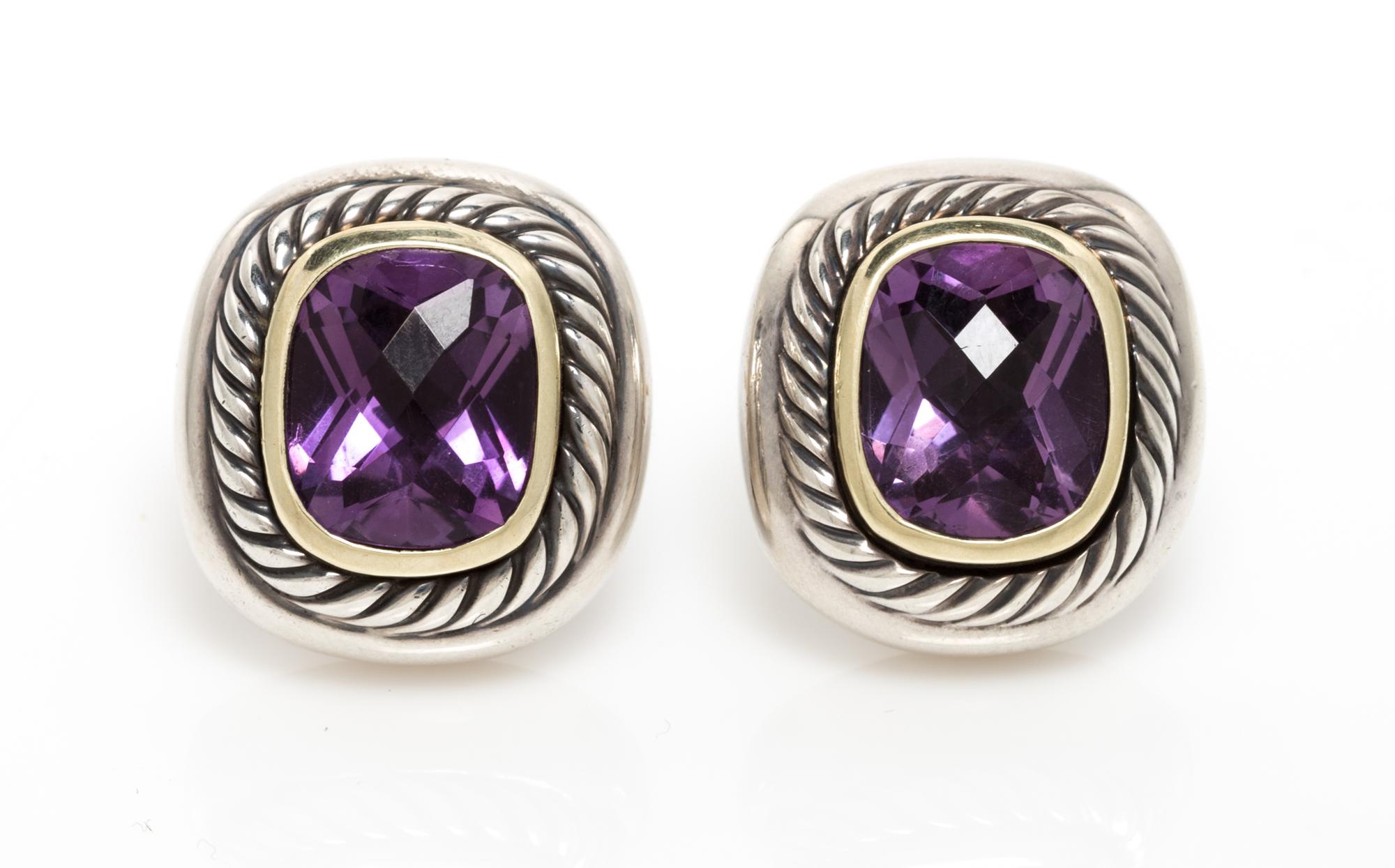 A Pair of Sterling Silver, 14 Karat Yellow Gold and Amethyst "Albion" Earclips, David Yurman 11.70 dwts.