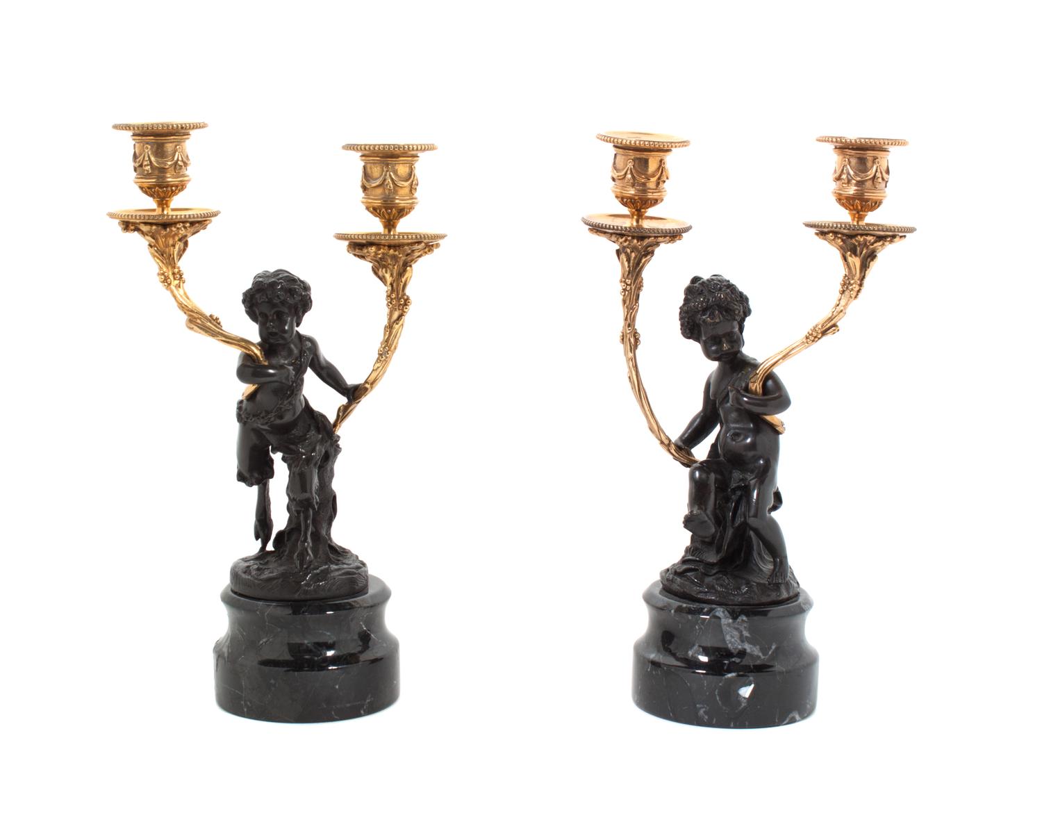 A Contemporary Gilt and Patinated Bronze Figural Three-Piece Clock Garniture, Kepa Width of clock 22 inches. — SECOND HALF 20TH CENTURY