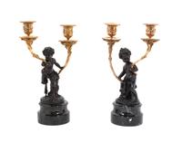 A Contemporary Gilt and Patinated Bronze Figural Three-Piece Clock Garniture, Kepa Width of clock 22 inches. — SECOND HALF 20TH CENTURY