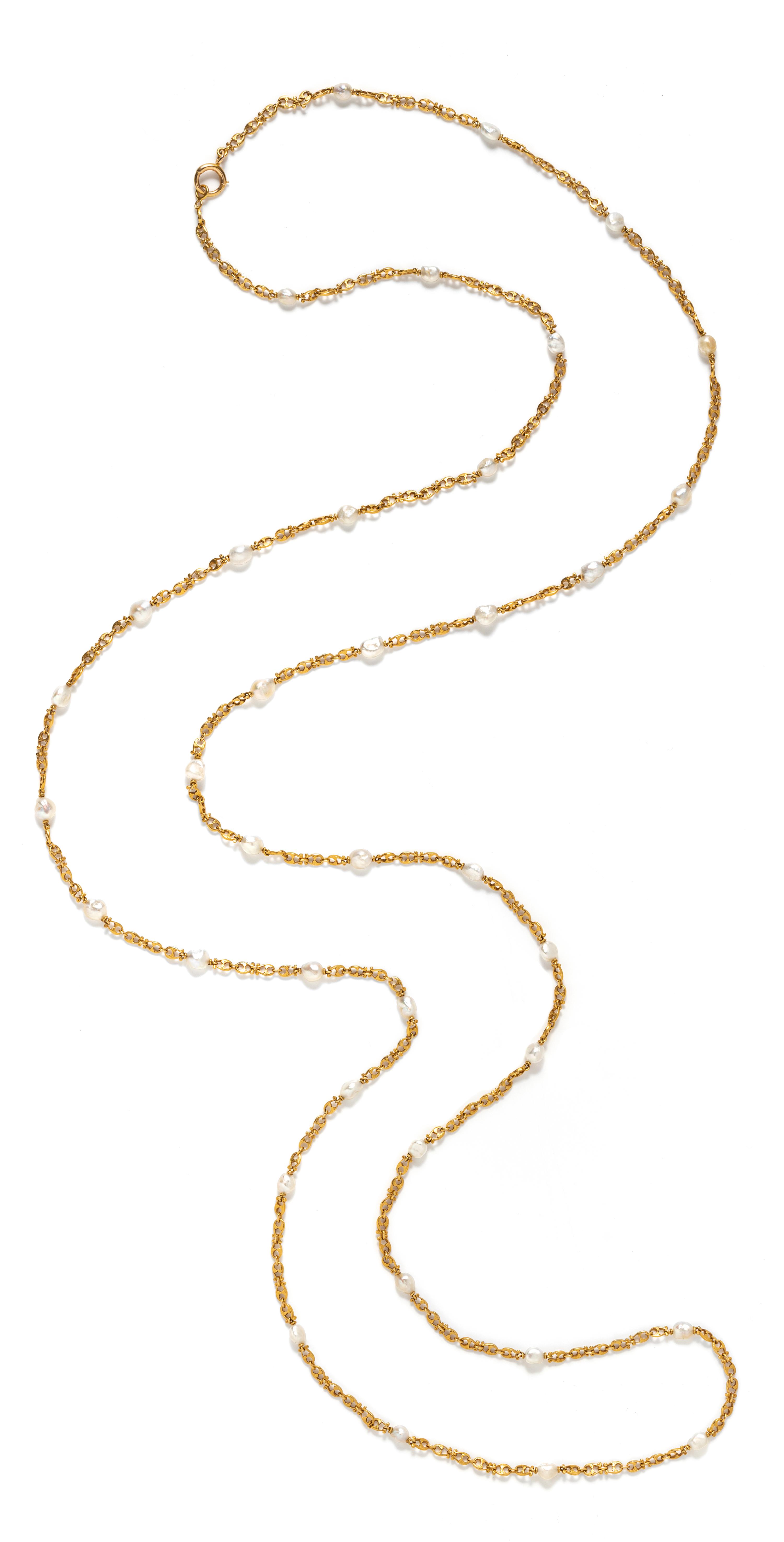 ANTIQUE, YELLOW GOLD AND PEARL LONGCHAIN NECKLACE