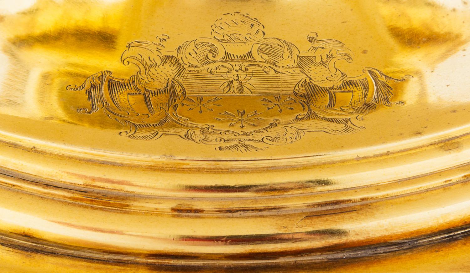 A George III Silver-Gilt Tureen, Benjamin Smith II & Benjamin Smith III, London, 1817, modeled after the Warwick vase, the lid with a l