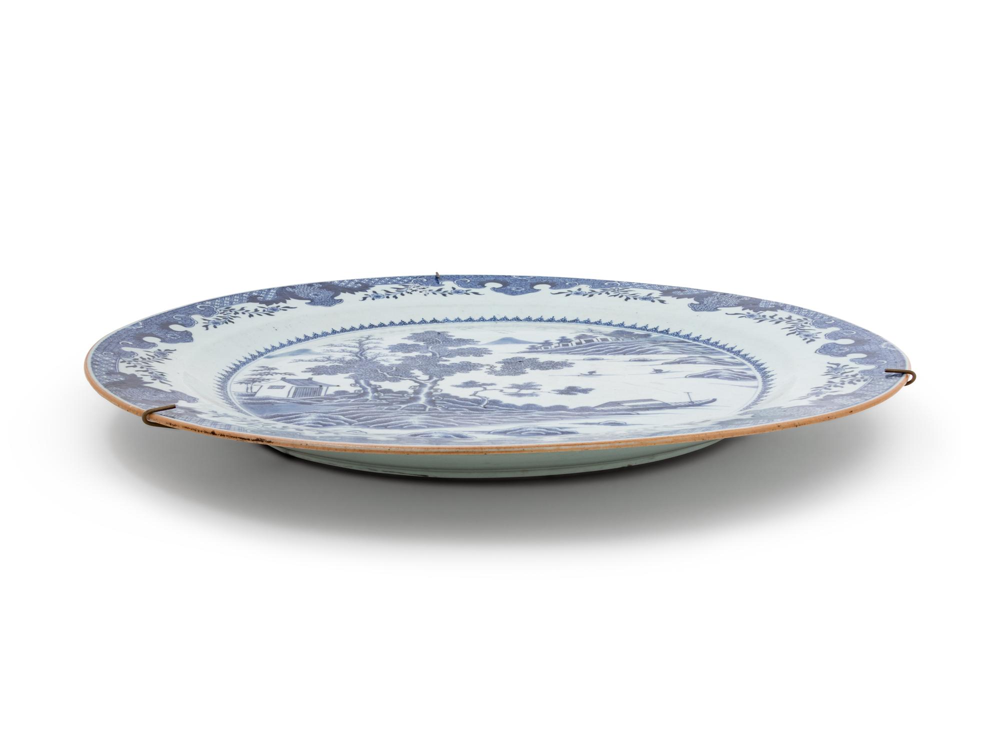 A Large Chinese Export Blue and White Porcelain 'Landscape' Charger