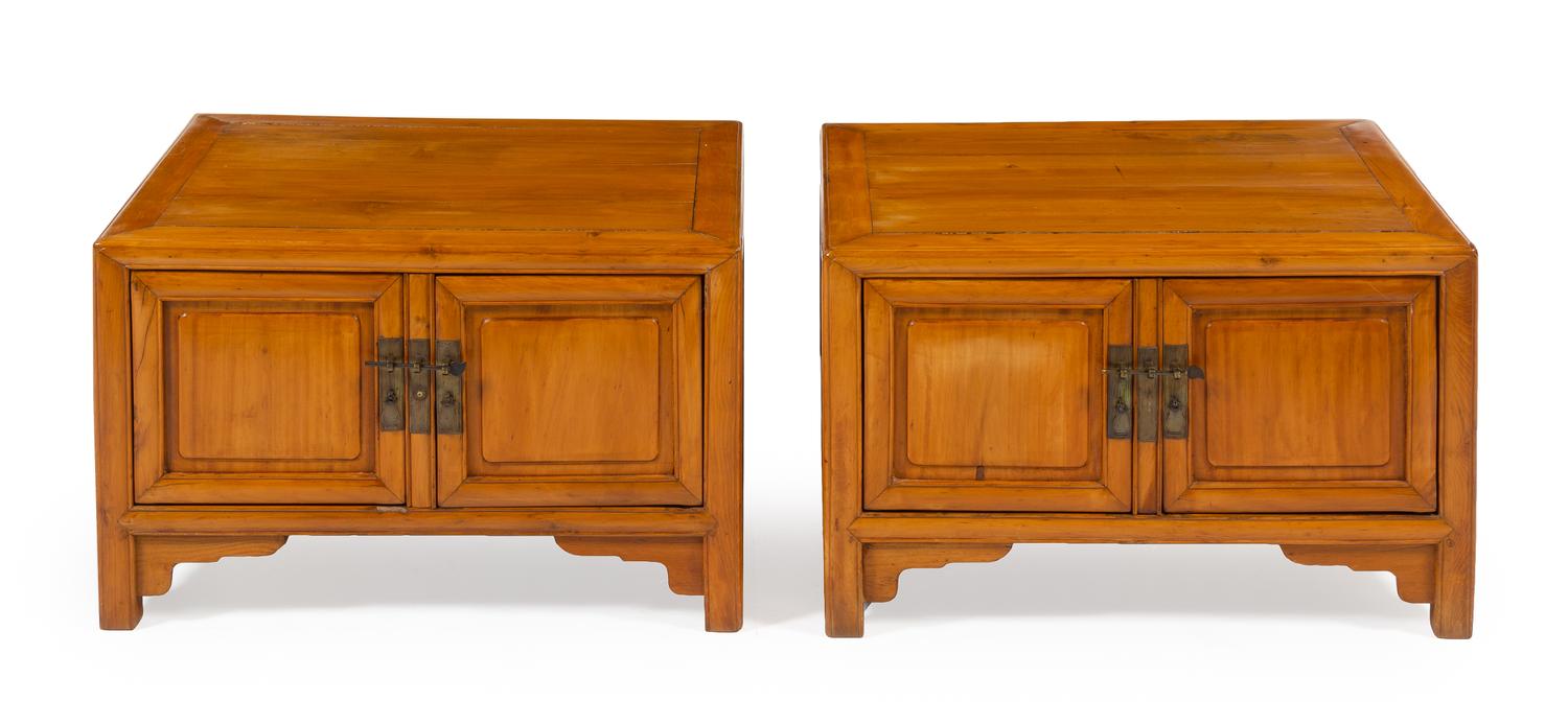 A Pair of Chinese Elmwood Side Cabinets Each height 18 1/4 x width 30 x depth 23 inches. — QING DYNASTY (1644-1911)