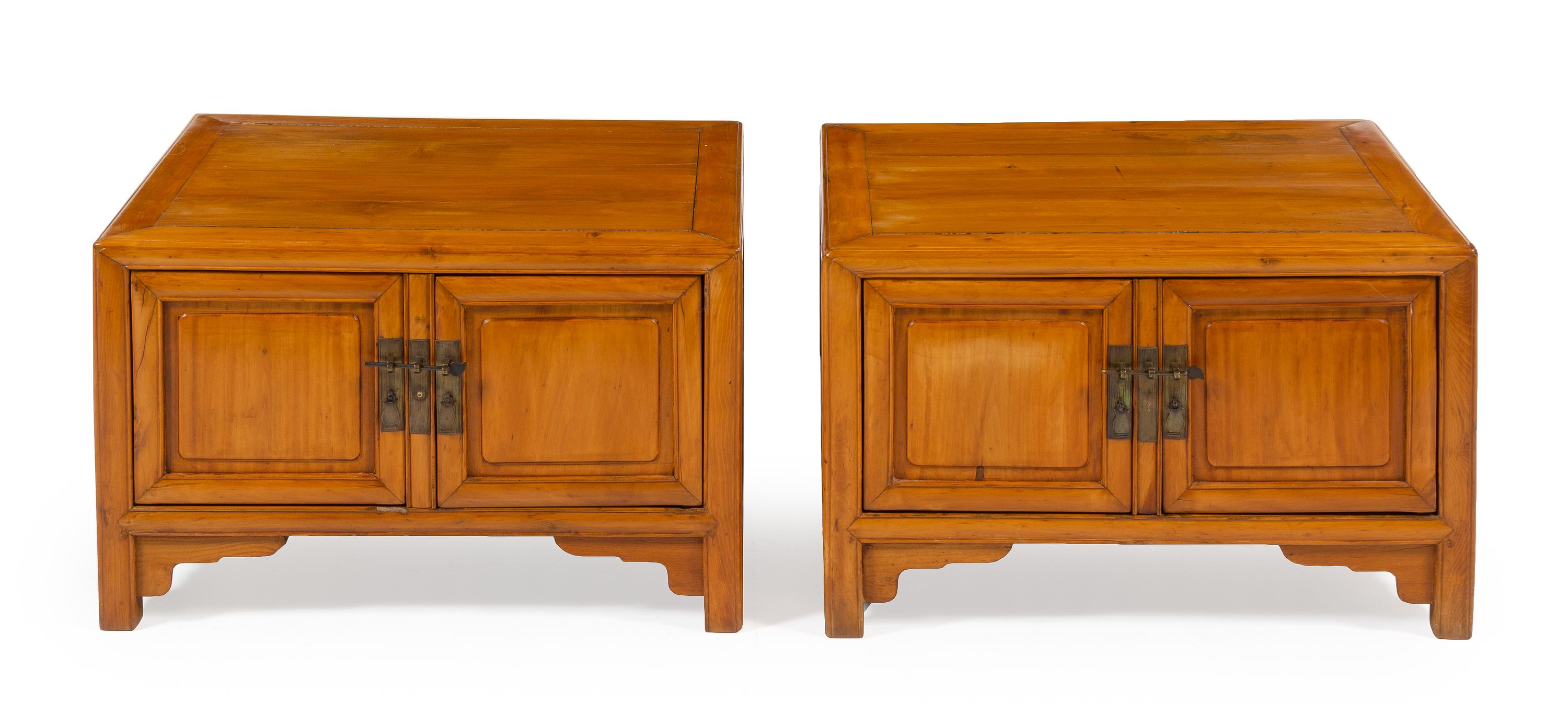 A Pair of Chinese Elmwood Side Cabinets Each height 18 1/4 x width 30 x depth 23 inches. — QING DYNASTY (1644-1911)