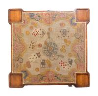 A George II Burlwood and Walnut Needlework Inset Concertina-Action Claw-and-Ball Foot Card Table