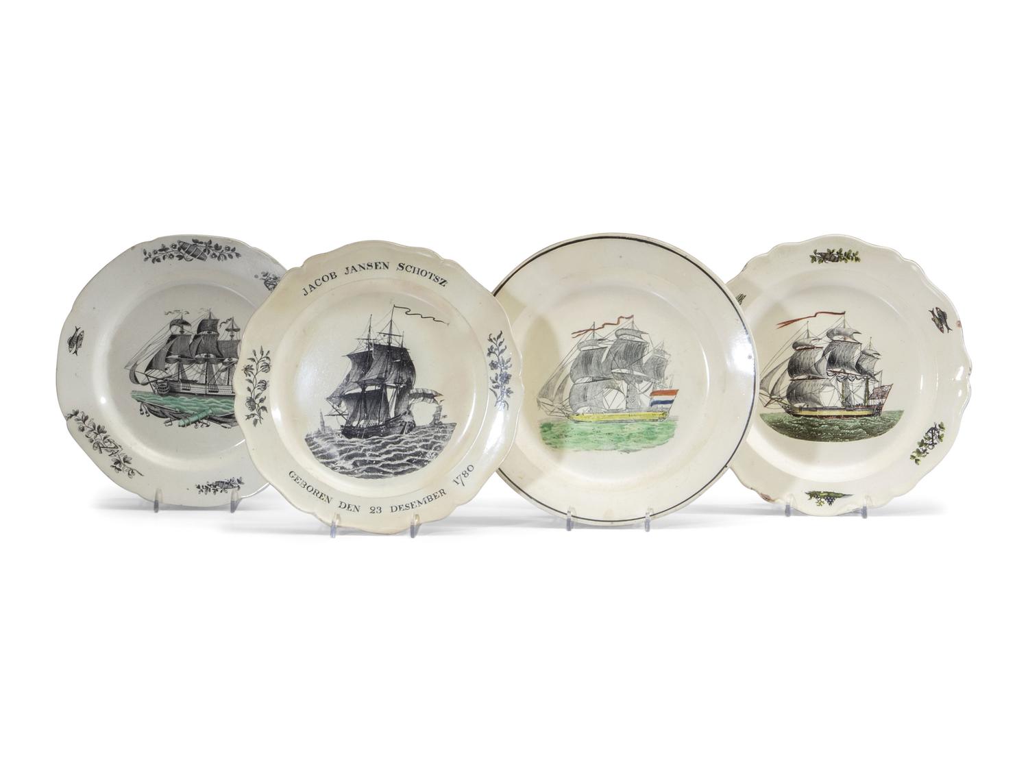 Four Transferware Decorated Creamware Plates